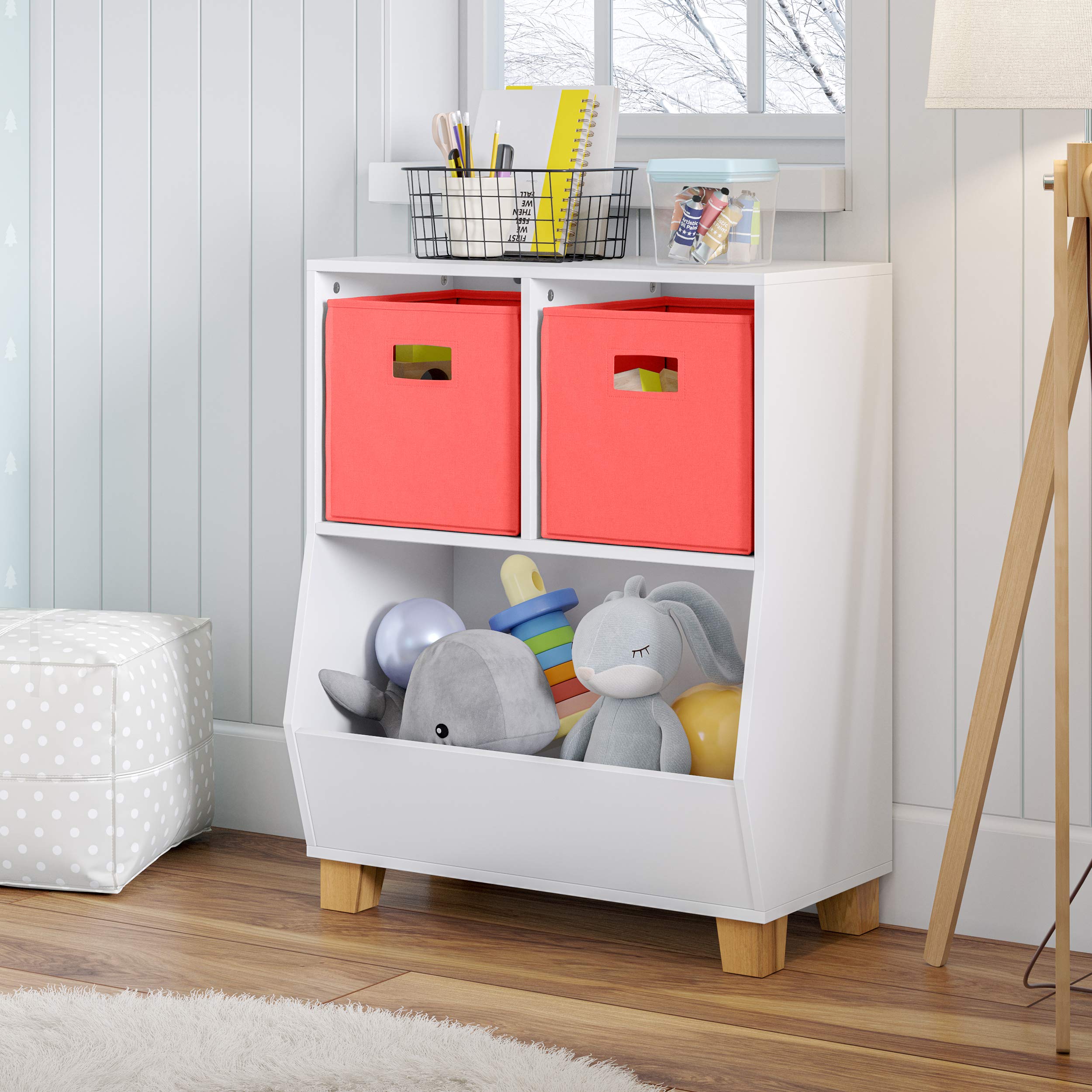 RiverRidge Kids Bookshelf Toy Storage Organizer - White Playroom Organizer with 2 Cubbies & 2 Folding Coral Fabric Bins - Perfect for Nursery, Daycare & Kids Bedroom Organization