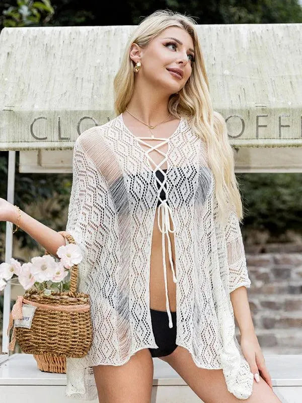 Women's Solid Color Hollow Lace Up Cardigan - Lightweight Beach Cover Up, Summer Knitwear for Casual Outings & Vacation Wear