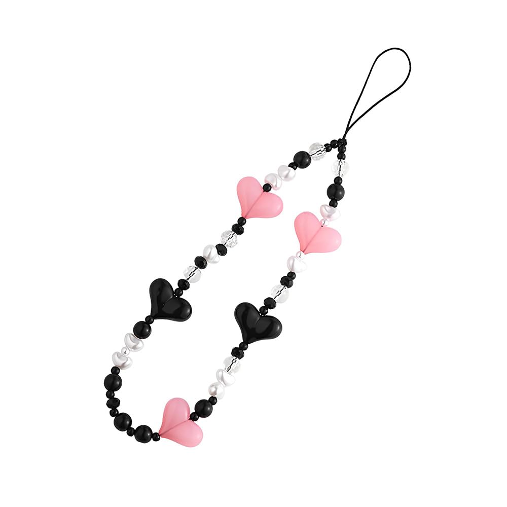 Y2K Phone Charms for Women - Black Pink Heart Beaded Phone Strap for Phone Case, Anti-Lost Wristlet for Girls