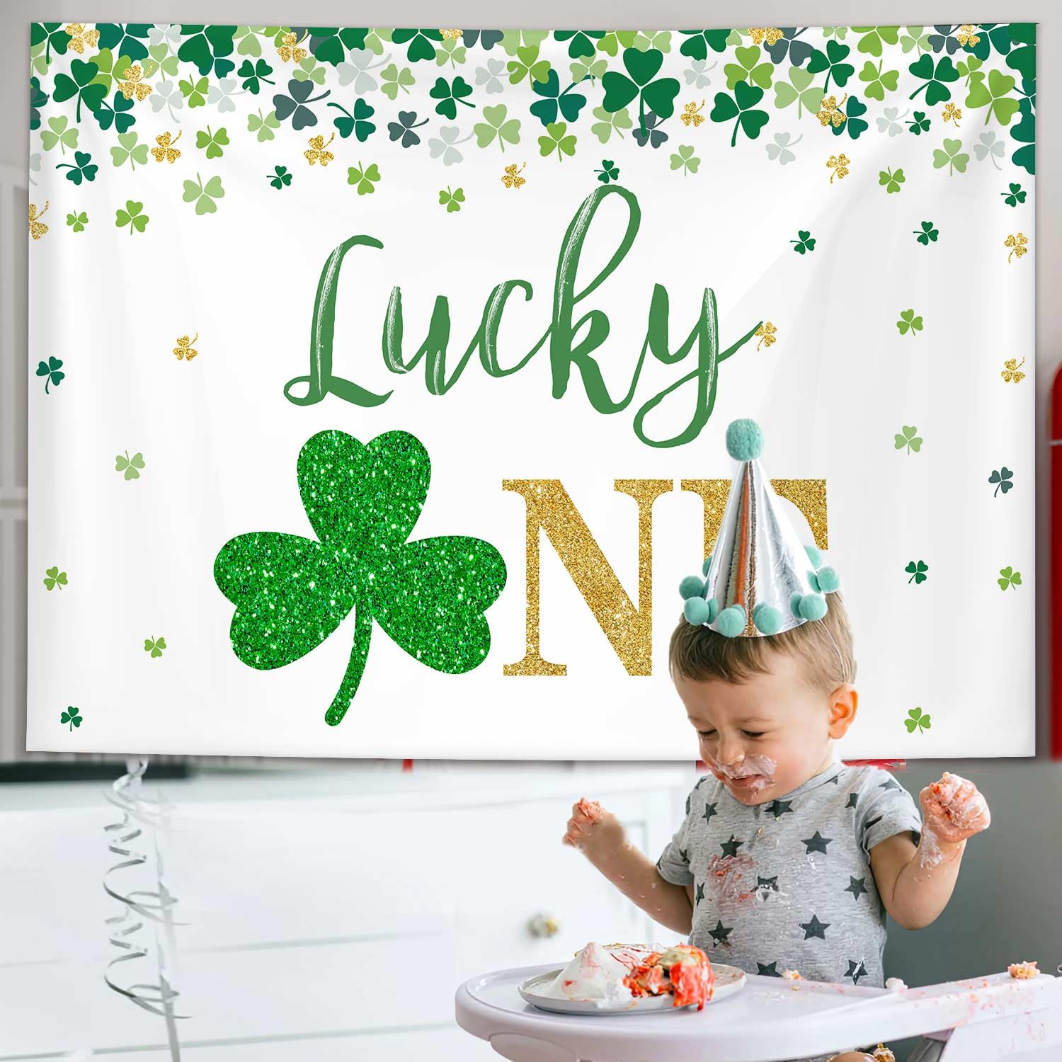 MEHOFOND 7x5ft St. Patrick's Day Happy First Birthday Party Backdrop - Green & Gold Shamrock Irish Decorations for Photography, Cake Smash, Baby Shower & Spring March Celebrations - Lucky One Banner Photo Background Props