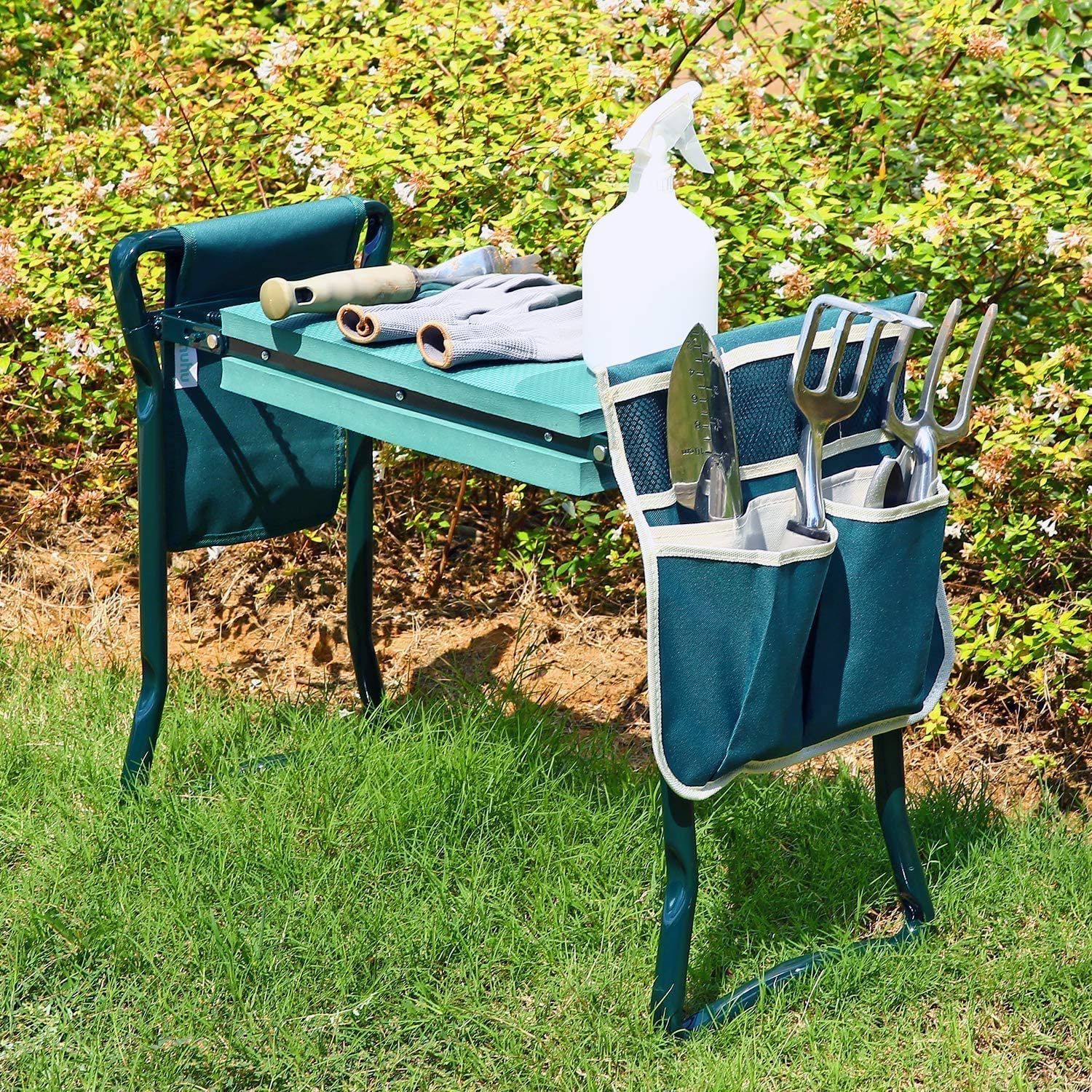 Ohuhu Heavy Duty Garden Kneeler and Seat with EVA Foam Pad - Foldable Gardening Stool with 2 Tool Pouches, 2-in-1 Portable Garden Bench for Planting, Weeding & Outdoor Work - Perfect Gardening Gift for Women, Men & Seniors
