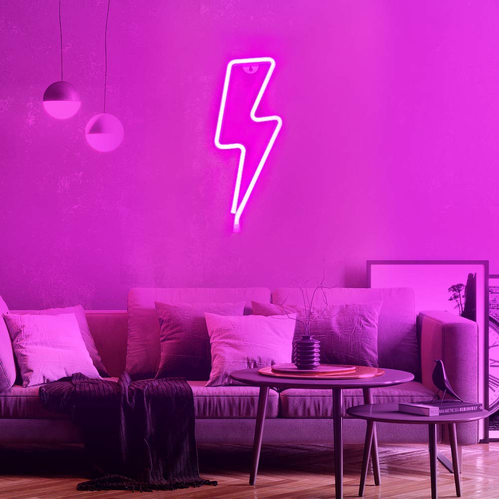 LED Lightning Bolt Neon Sign - USB/Battery Powered Pink Neon Light for Room Decor, Girls Kids Bedroom, Birthday Wedding Christmas Party | Wall Art, Night Light, TikTok Background, Gaming Room Aesthetic