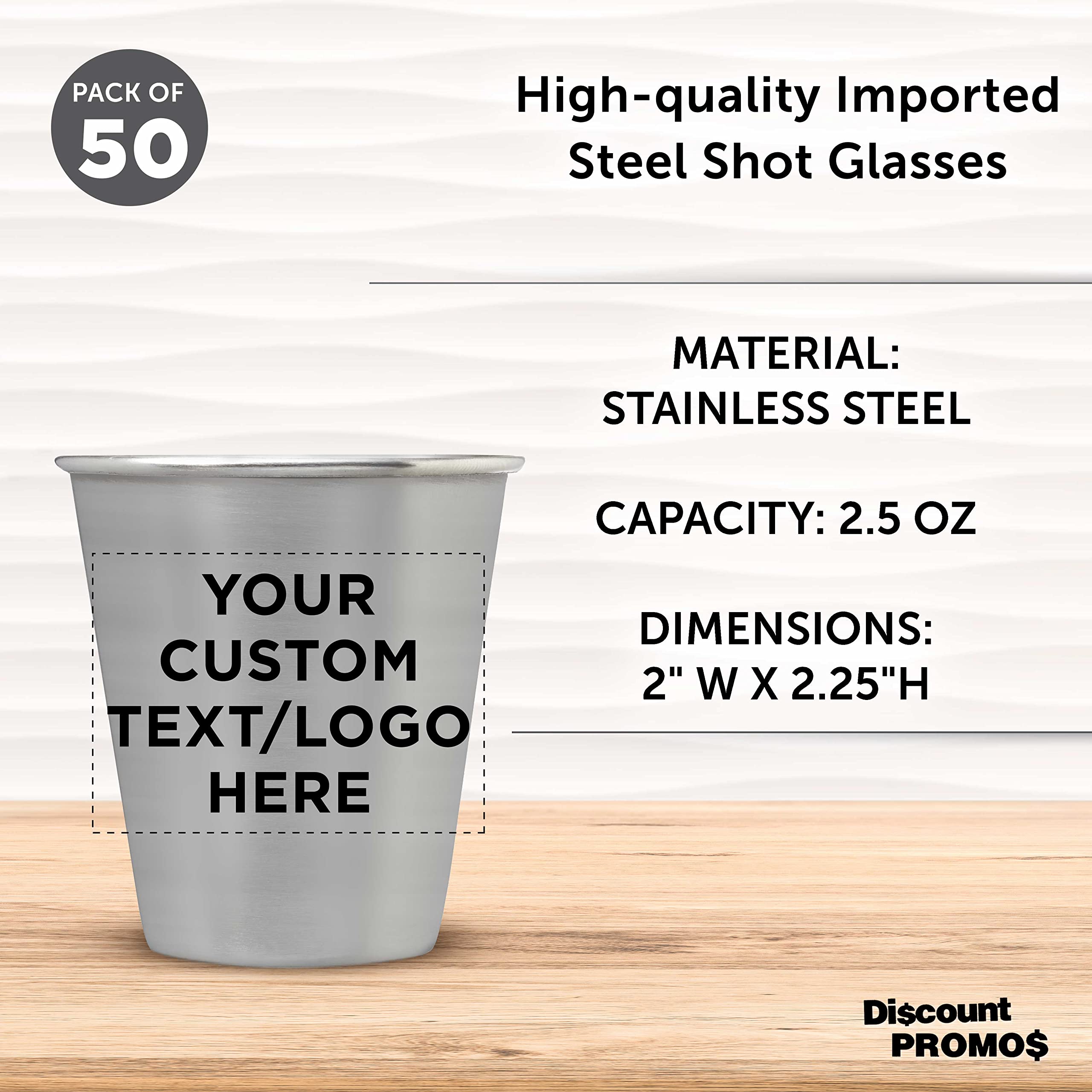 Custom Personalized Stainless Steel Shot Glasses 2.5 oz (Set of 50) - Bulk Pack for Weddings, Birthdays, Parties & Events - Durable Barware for Home, Office & Commercial Use