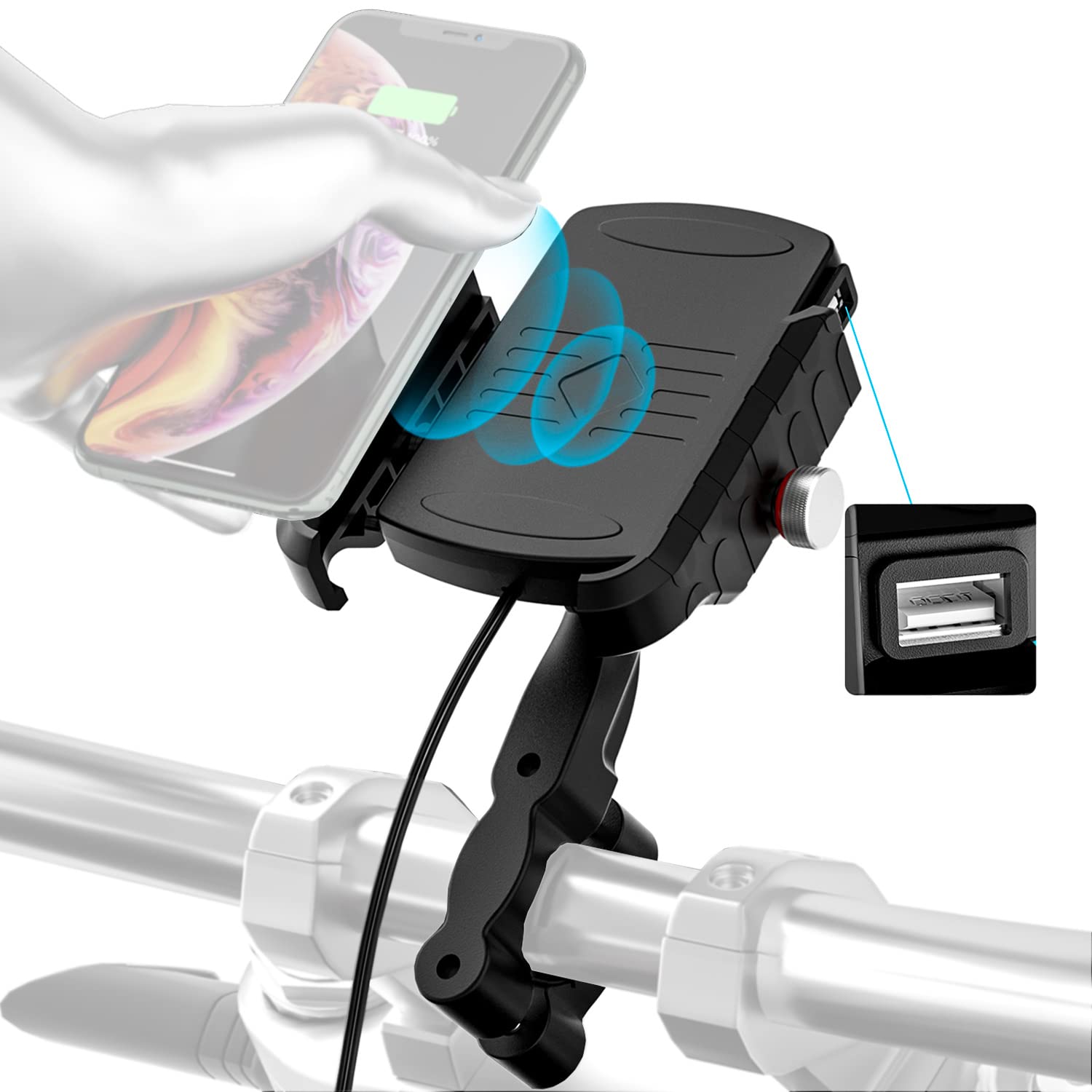 BATIGE 15W Qi Wireless Charger Motorcycle Phone Mount - Waterproof Aluminum Base with USB 2.0 Port & On/Off Switch for 12V/24V Vehicles - Perfect for Harley, Honda, Yamaha & Adventure Riding