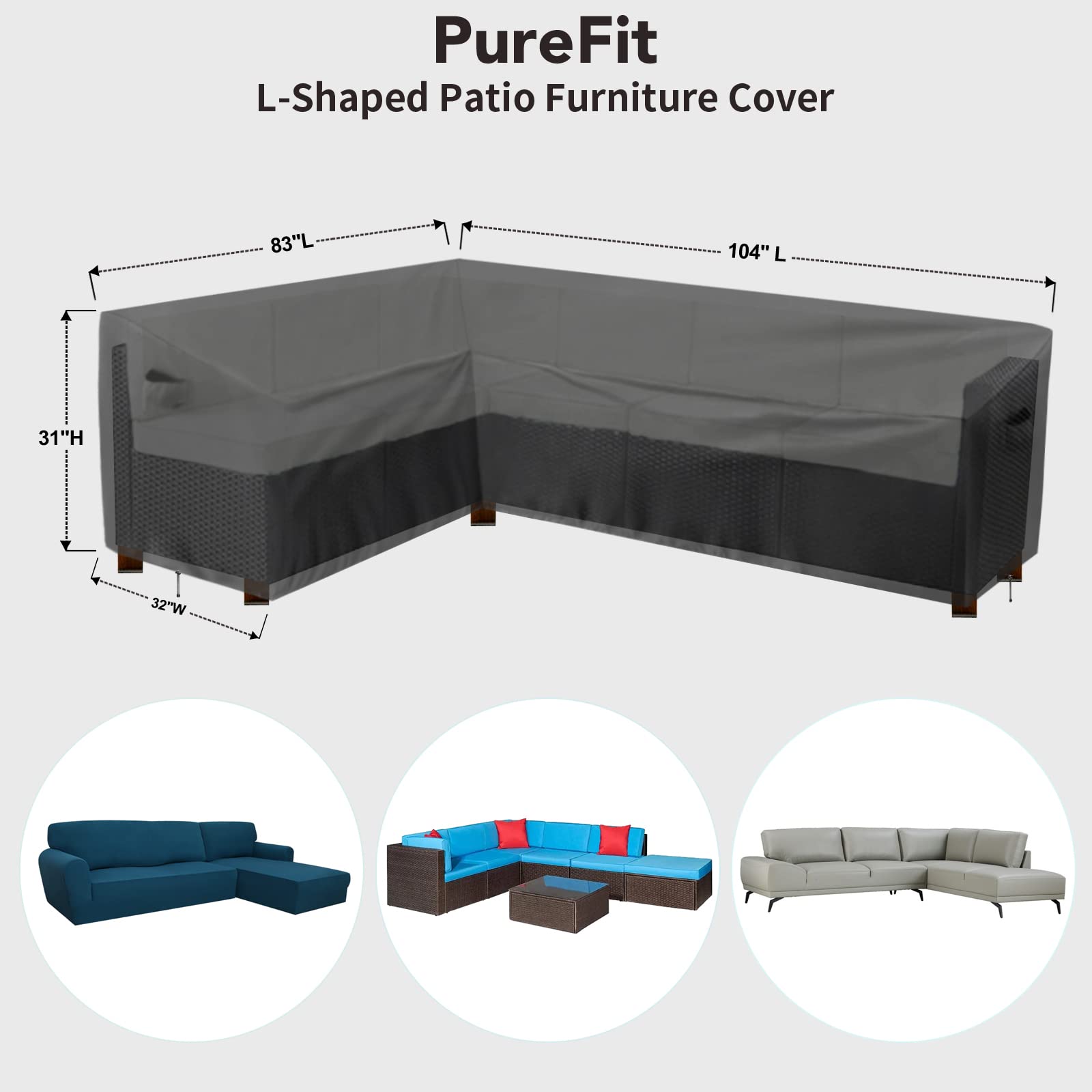 PureFit Outdoor Sectional Sofa Cover - Waterproof L-Shaped Patio Furniture Protector for Deck, Lawn & Backyard - 83”x104” Left Facing - Black - Perfect for Rainy Weather & Outdoor Entertaining