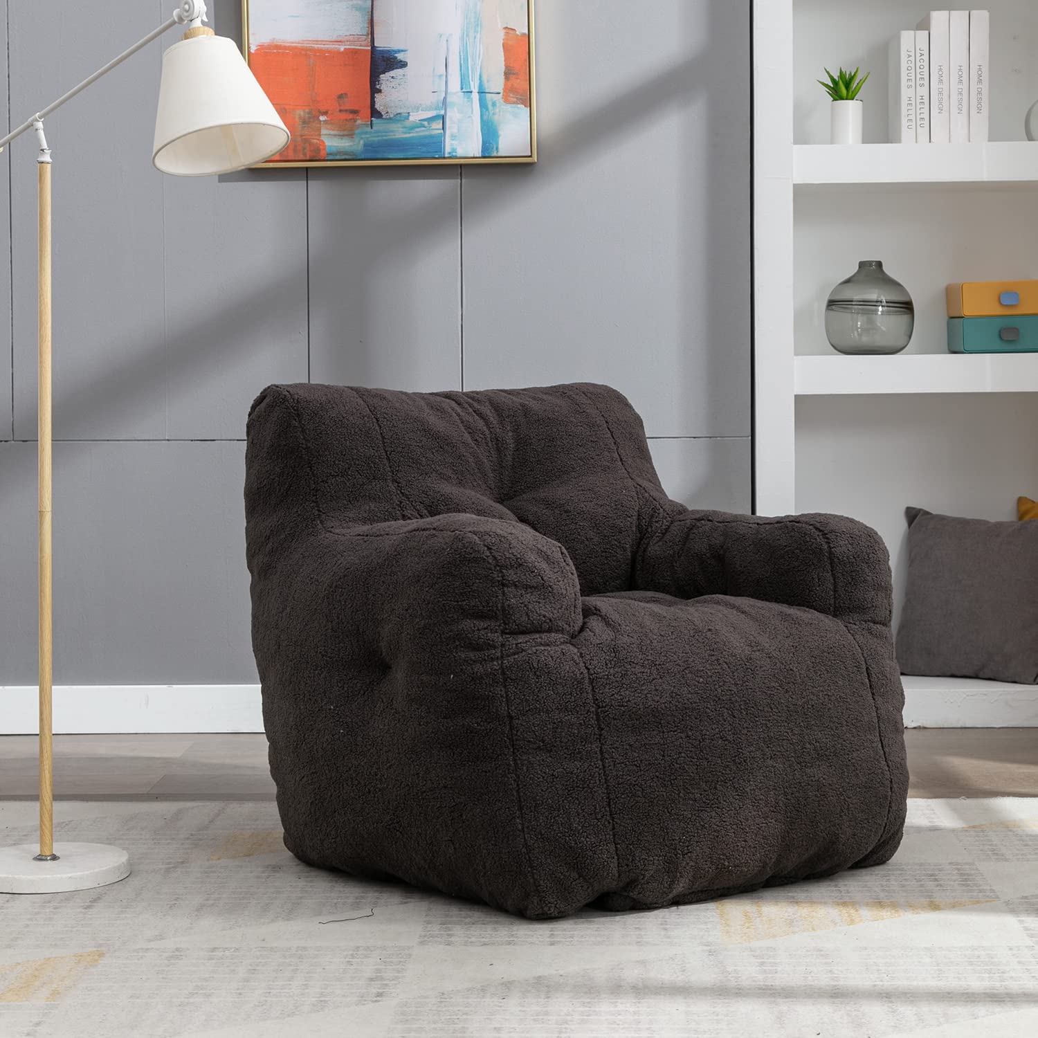 Kevinplus Fluffy Modern Bean Bag Chair - Soft Tufted Foam Lazy Sofa for Adults & Teens, Dark Grey Teddy Fabric Single Seat for Living Room, Bedroom, Dorm or Balcony - Perfect for Relaxing, Gaming & Lounging