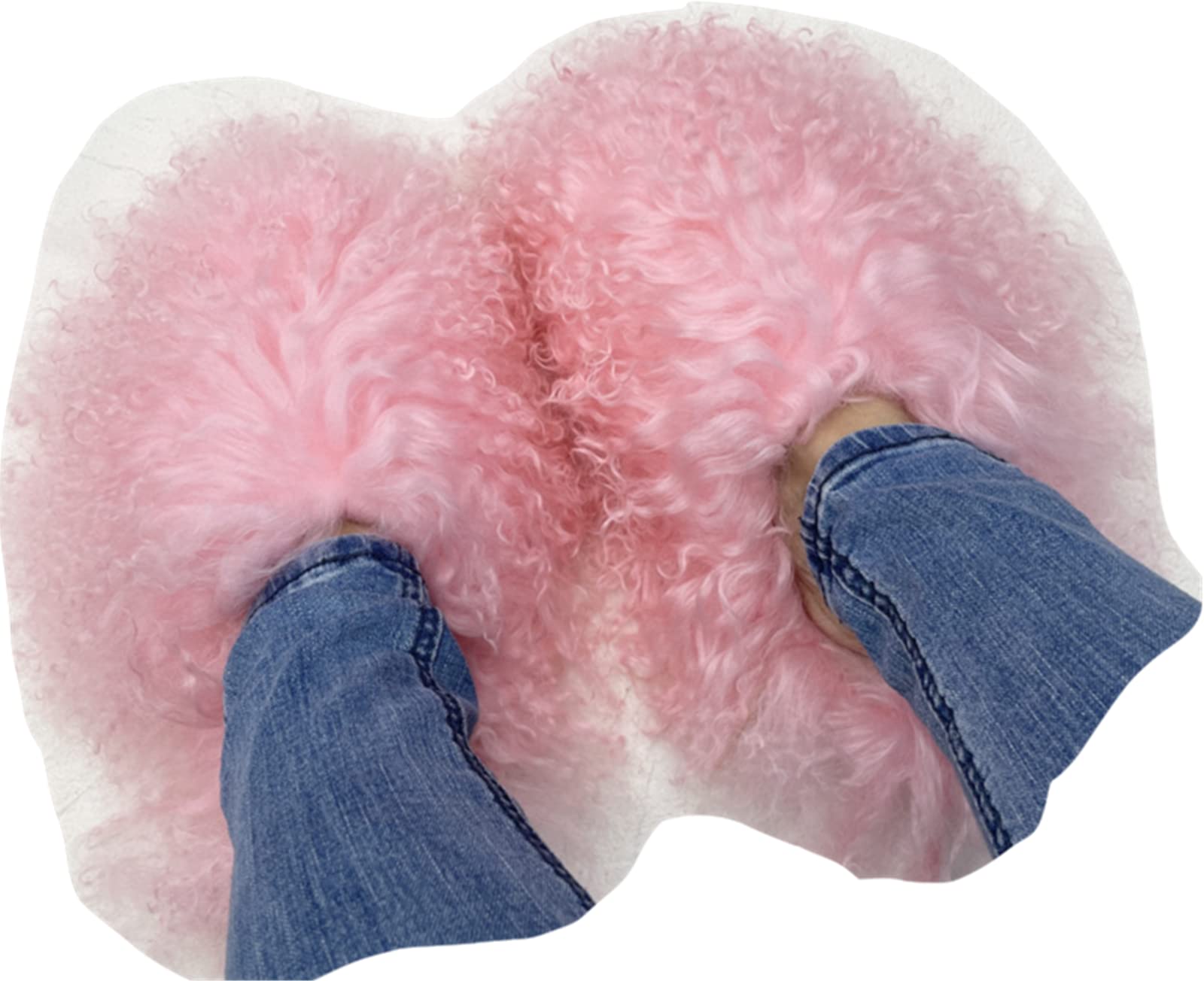 **MSS1 Genuine Mongolian Sheep Fur Slippers for Women & Girls - Closed Toe, Fluffy, Long Curly Tibetan Fur - Pink (Size 9) - Cozy Indoor/Outdoor Wear for Home, Beach & Winter Comfort**
