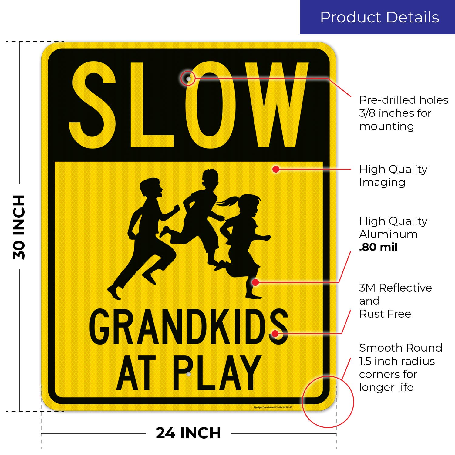 Slow Grandkids at Play with Running Children Sign - 24x30 Inches, 3M EGP Reflective .080 Aluminum Traffic Sign - Fade Resistant, Indoor/Outdoor Use - Made in USA - Perfect for Neighborhood Safety, School Zones & Play Areas