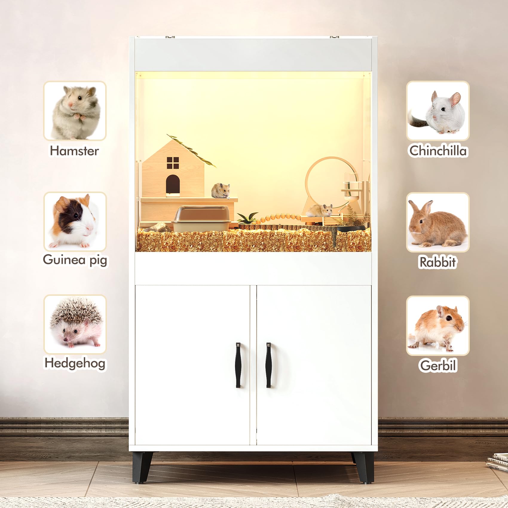 Large Hamster Cage with LED Lights & 360° View Acrylic Panels - Spacious Small Animal Habitat with Storage Cabinet for Guinea Pigs, Rats, Hedgehogs, Ferrets - Perfect for Pet Playtime & Home Decor
