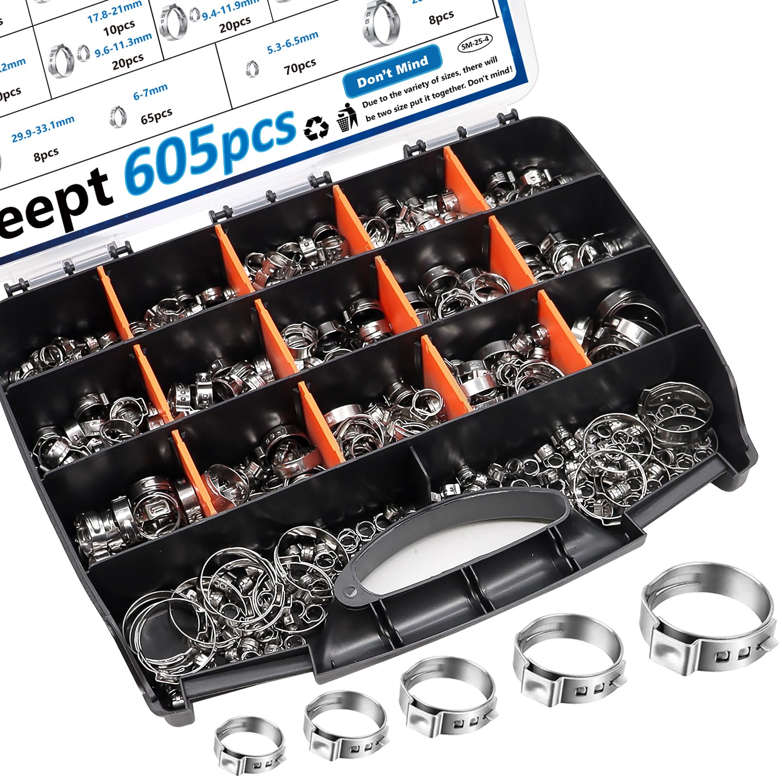 605Pcs 22 Sizes 304 Stainless Steel Single Ear Hose Clamps Assortment Kit (5.3-33.1mm) - Perfect for Automotive, Home Appliance, Water Pipe & Fuel Line - Stepless Crimp Clamps for Secure Leak-Proof Connections