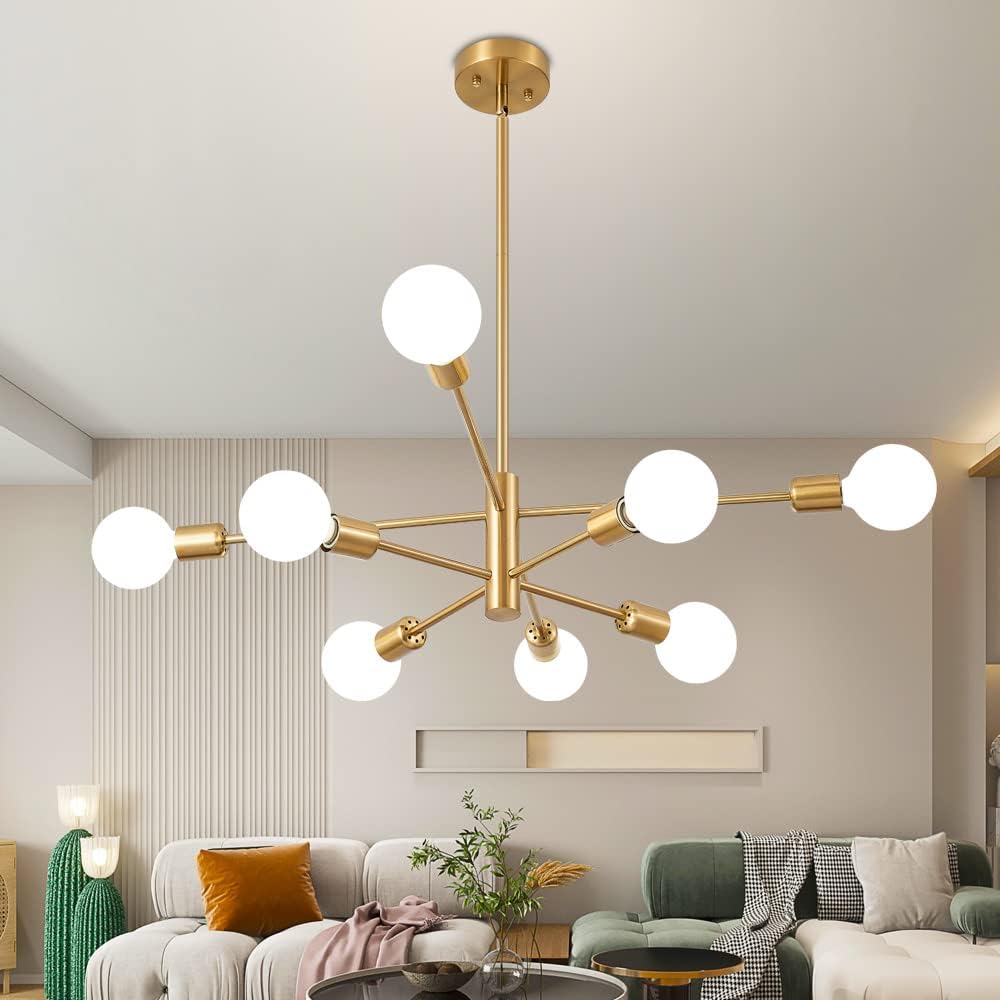 Modern Gold Sputnik Chandelier - Mid Century Ceiling Light Fixture with 8 E26 Bulbs for Living Room, Kitchen Island, Bedroom, Dining Room & Farmhouse | Elegant Lighting for Home Decor & Interior Design