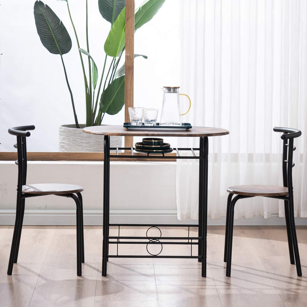 3-Piece Compact Kitchen Table Set with Wine Rack - Dark Brown Dining Table & 2 Metal Frame Chairs - Easy to Clean, Portable & Space-Saving - Perfect for Small Apartments, Breakfast Nooks & Outdoor Dining