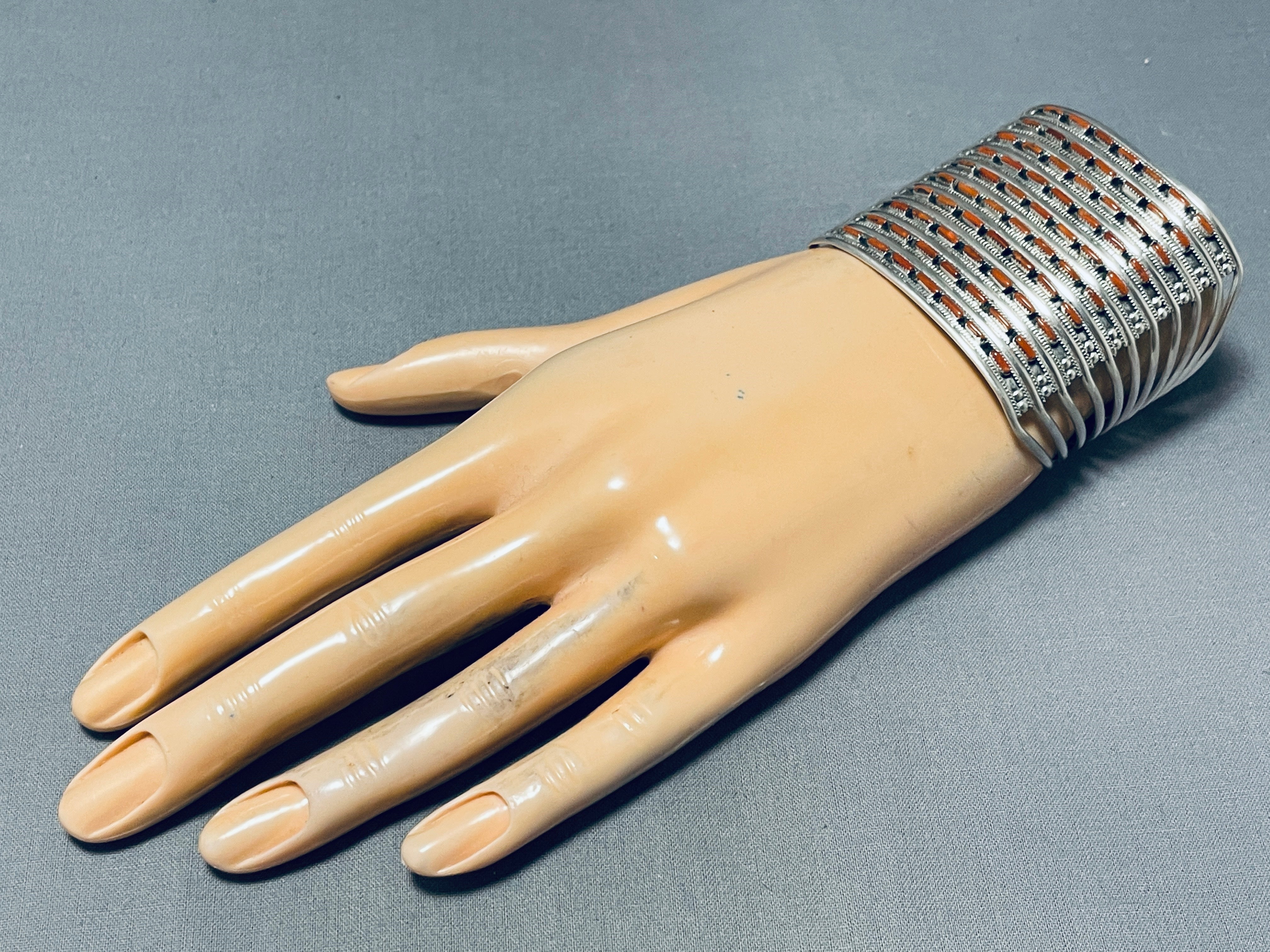 10 Story Tall Native American Coral Sterling Silver Cuff Bracelet - Handmade Southwest Jewelry for Women, Boho Fashion Accessory, Perfect for Festivals & Special Occasions