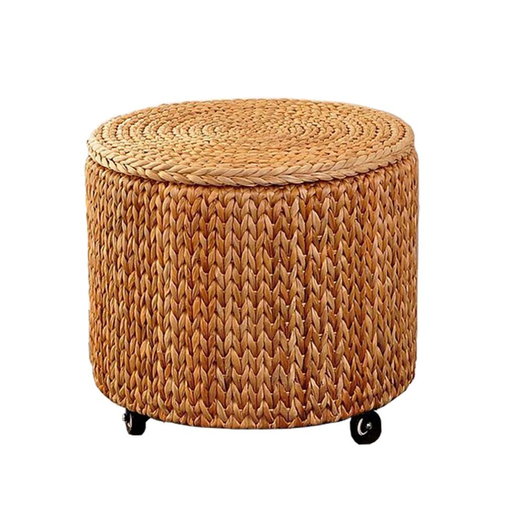 Vintage American Farmhouse Storage Stool with Wheels - Round Storage Bench with Compartment Shelf - Rustic Log Color - Perfect for Living Room, Bedroom, or Entryway Organization