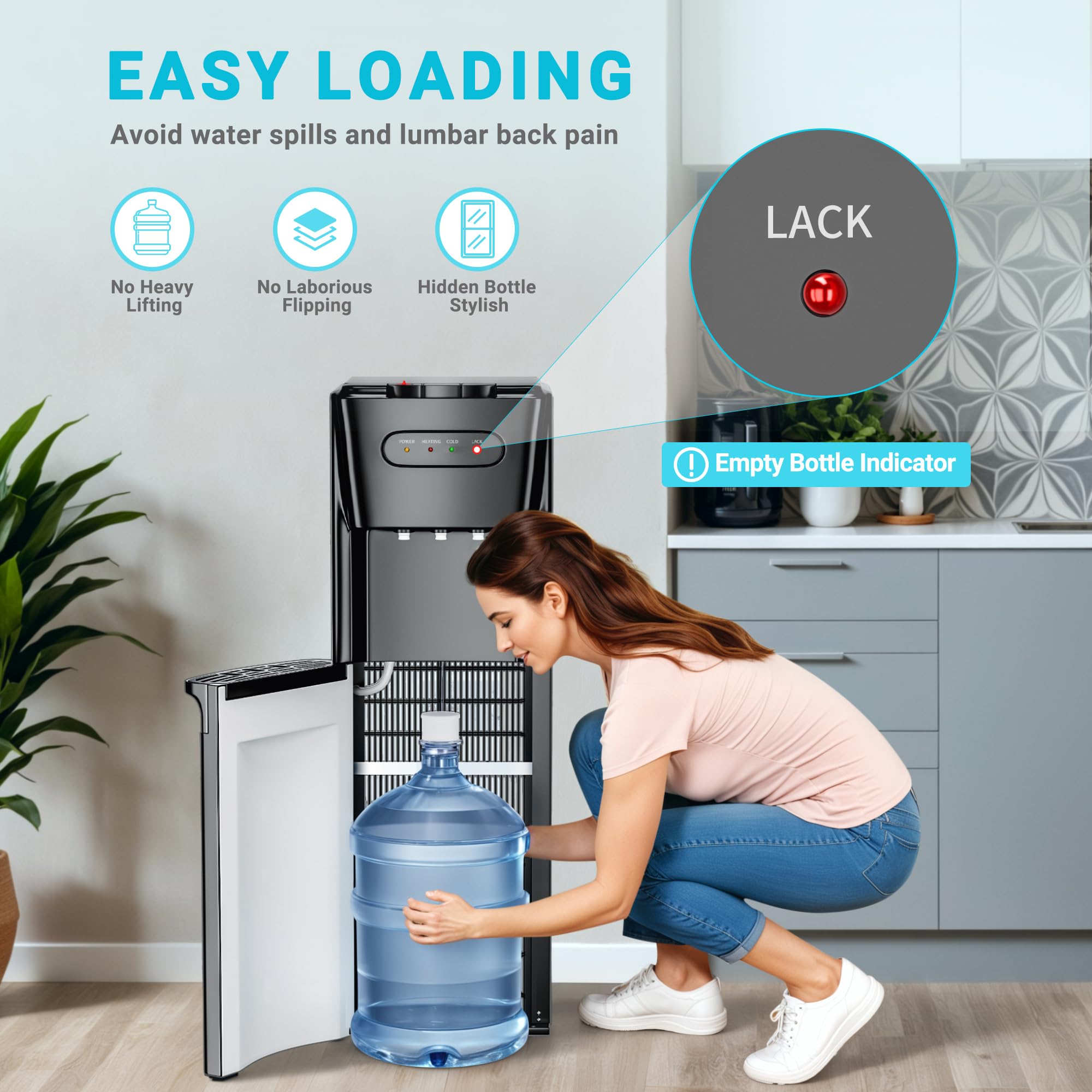 Bottom Loading Water Cooler Dispenser with Hot, Cold & Cool Water Options for 3/5 Gallon Bottles - Empty Bottle Indicator & Child Safety Lock - Perfect for Office, Home & Living Room (Stylish Black) - Great for Hydration, Coffee & Tea Making