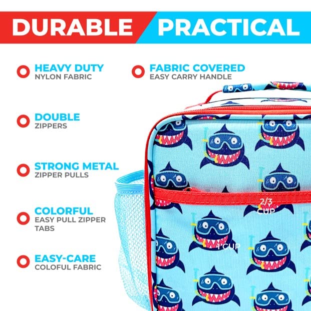 Insulated Bento Lunch Box Set for Kids - 4 Compartment Thermal Bento Box, Leak-Proof Lunch Bag & Stainless Steel Food Container - Perfect for School, Picnics & Travel (Baby Blue Shark Design)