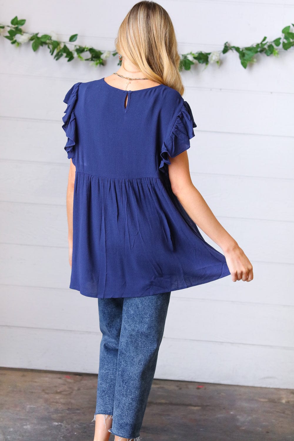 Navy Blue Floral Embroidered Flutter Sleeve Blouse for Women - Elegant Boho Chic Tunic Top for Summer, Beach, and Casual Outings