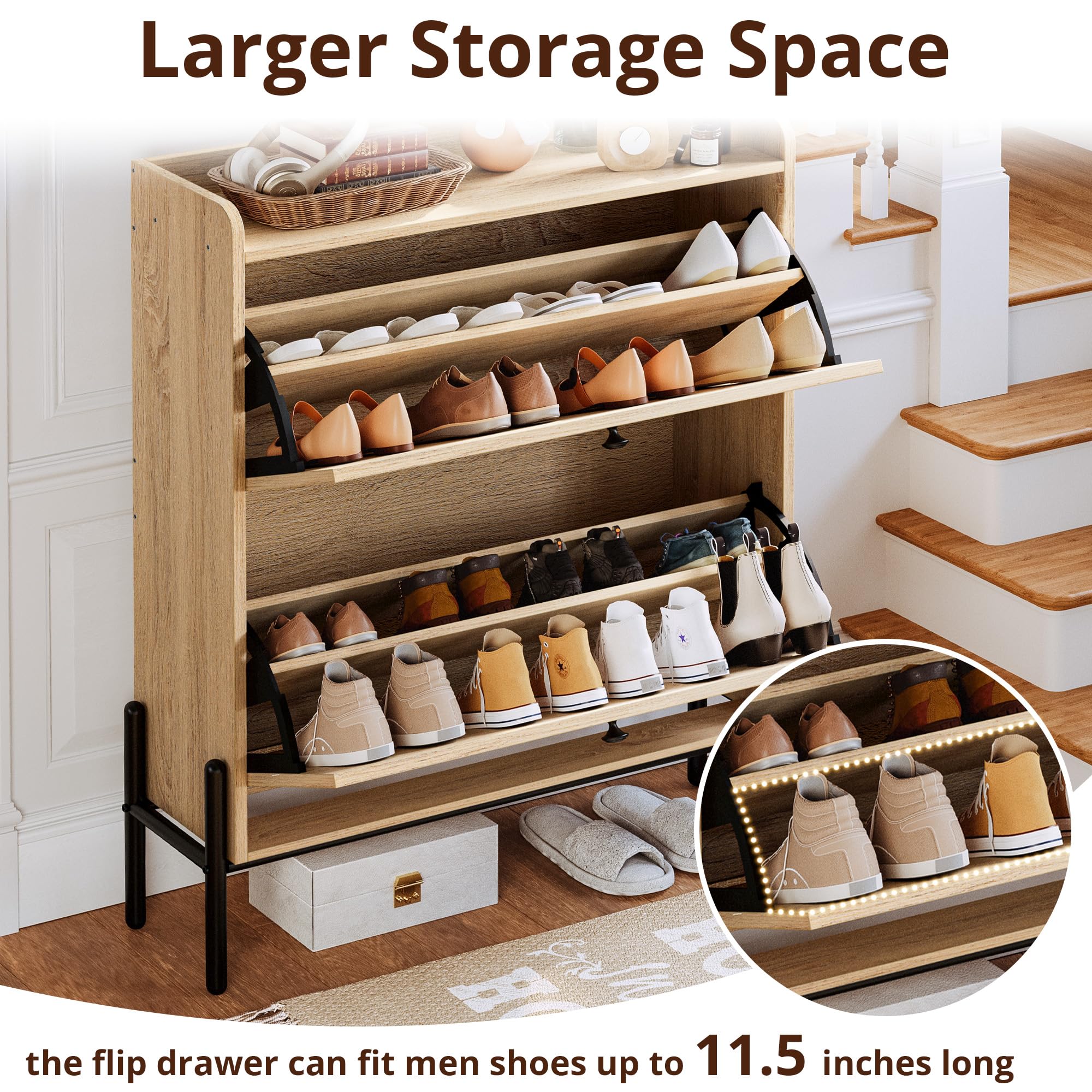IRONCK 2-Tier Flip Drawer Shoe Cabinet - Free Standing Wooden Shoe Storage Organizer with Rattan Doors - Narrow Entryway Shoe Rack for Hallway, Bedroom, or Closet - Oak Finish (Space Saving Shoe Organizer)