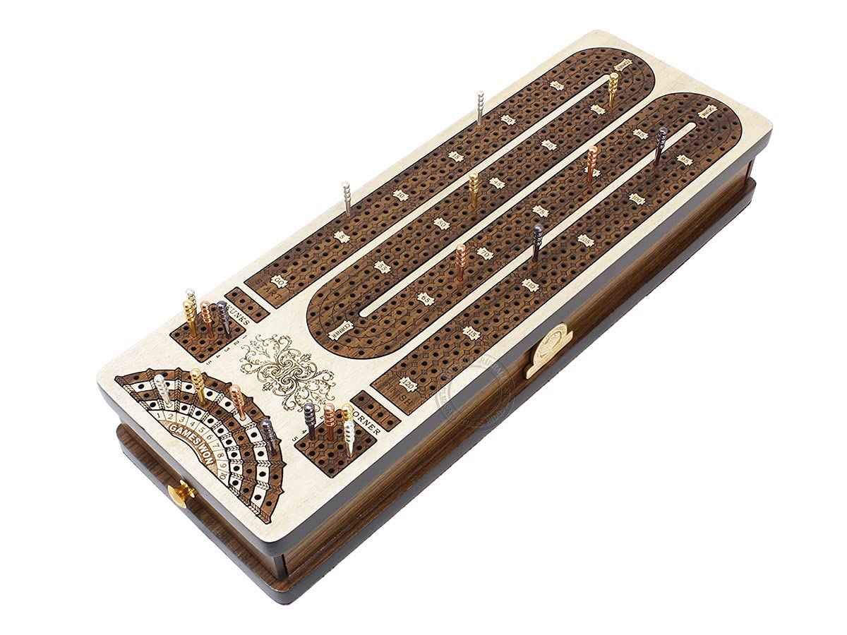 Premium Continuous Cribbage Board with 4 Inlaid Tracks - Handcrafted Maple/Teak Wood with Peg Storage Drawer & Score Marking Fields | Perfect for Family Game Nights, Travel, and Card Game Enthusiasts | Ideal for Home Entertainment, Camping Trips, and Gift Giving | Great for Parties, Holidays, and Competitive Play