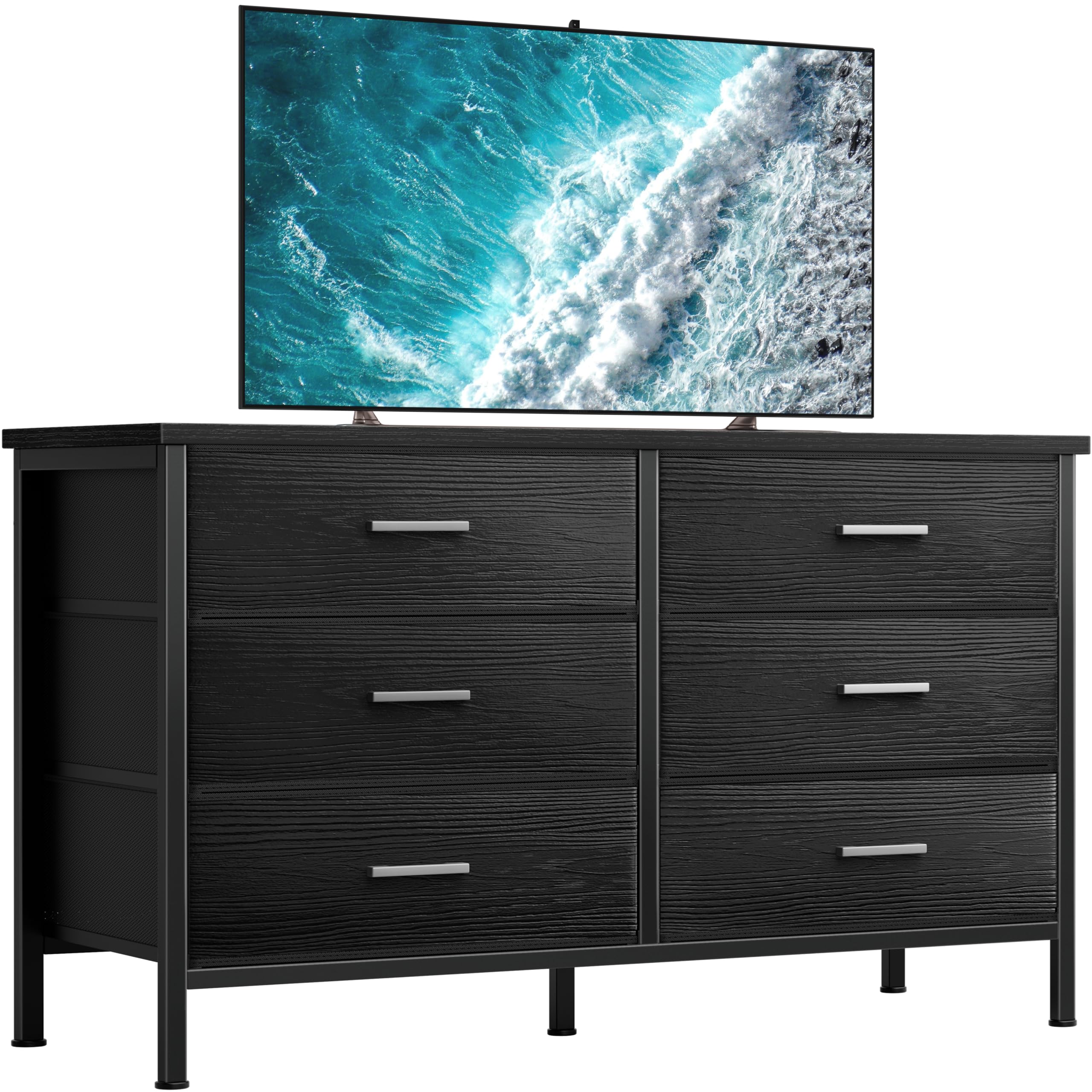 Modern 6-Drawer Wide Black Dresser for Bedroom - Sturdy TV Stand Fits 60