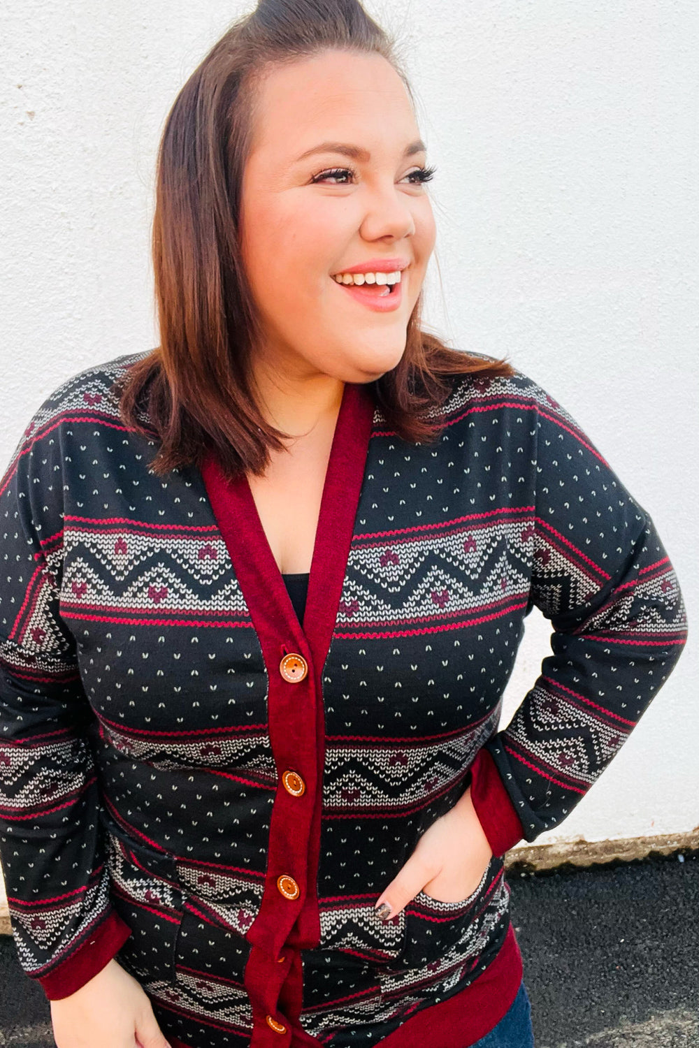 Classic Burgundy Holiday Print Button Cardigan for Women - Cozy Christmas Sweater for Holiday Parties & Family Gatherings