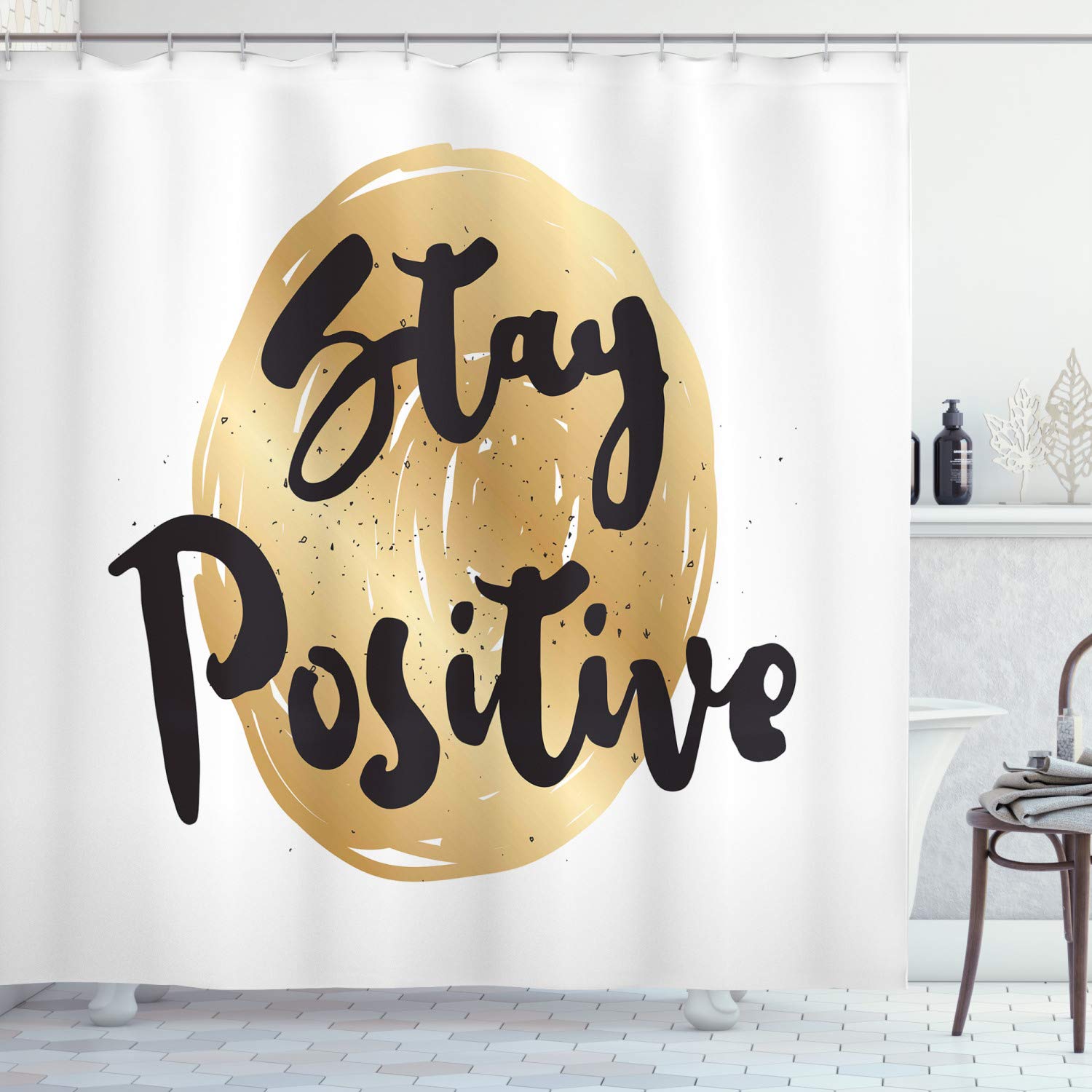 Ambesonne Positive Energy Shower Curtain - Ink Written Phrase on Circular Brushstroke Design, 69x75 Inch Waterproof Fabric Bathroom Decor with Hooks, Seal Brown & Pastel Brown | Motivational Bathroom Decor for Home, Spa, Dorm