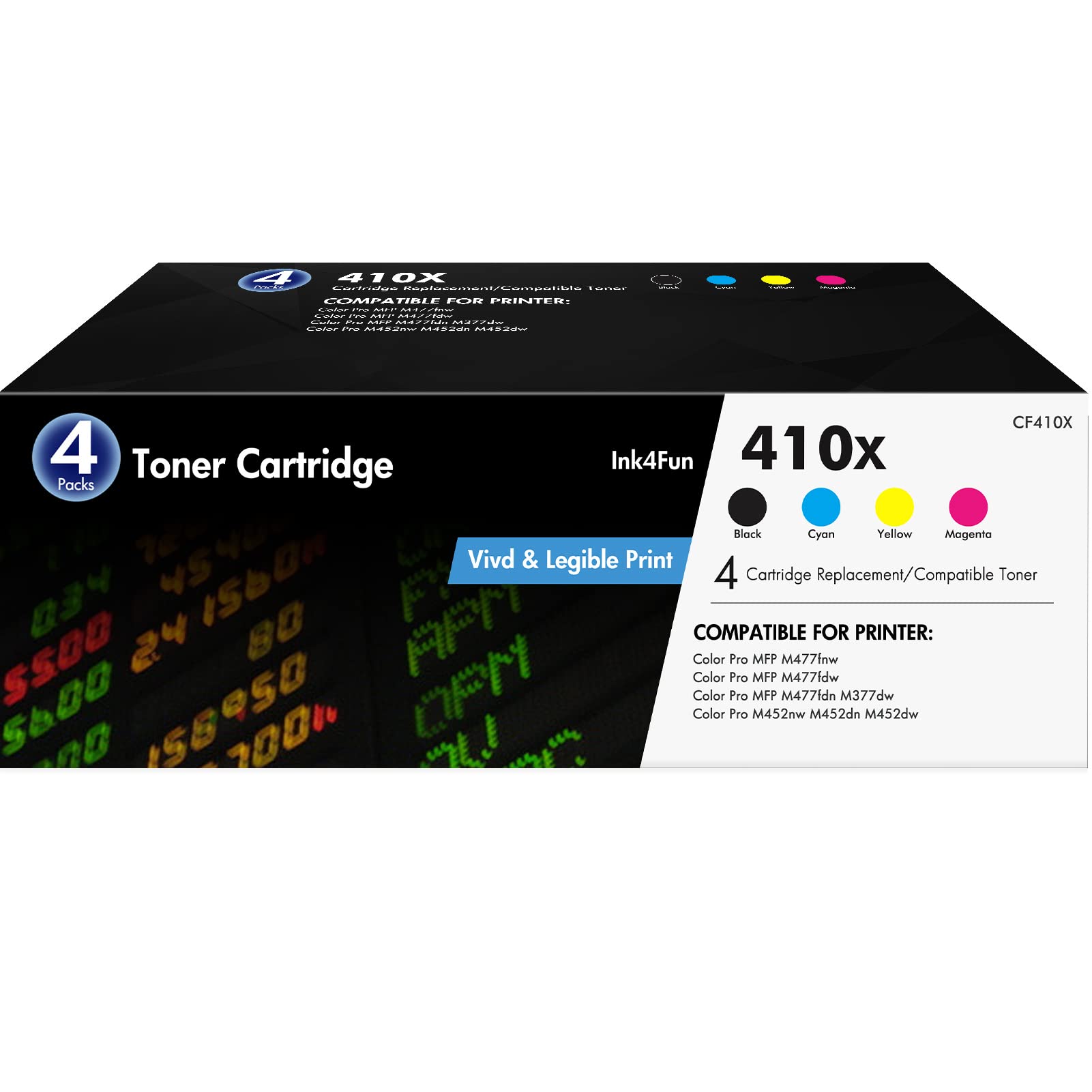High-Yield 410X Toner Cartridge 4-Pack - Compatible with HP 410X/CF410X/CF411X/CF412X/CF413X for Color Pro MFP M477FDN/M477FDW/M477FNW/M452DN/M452DW/M452NW/M377DW Printers - Perfect for Office & Home Printing Needs