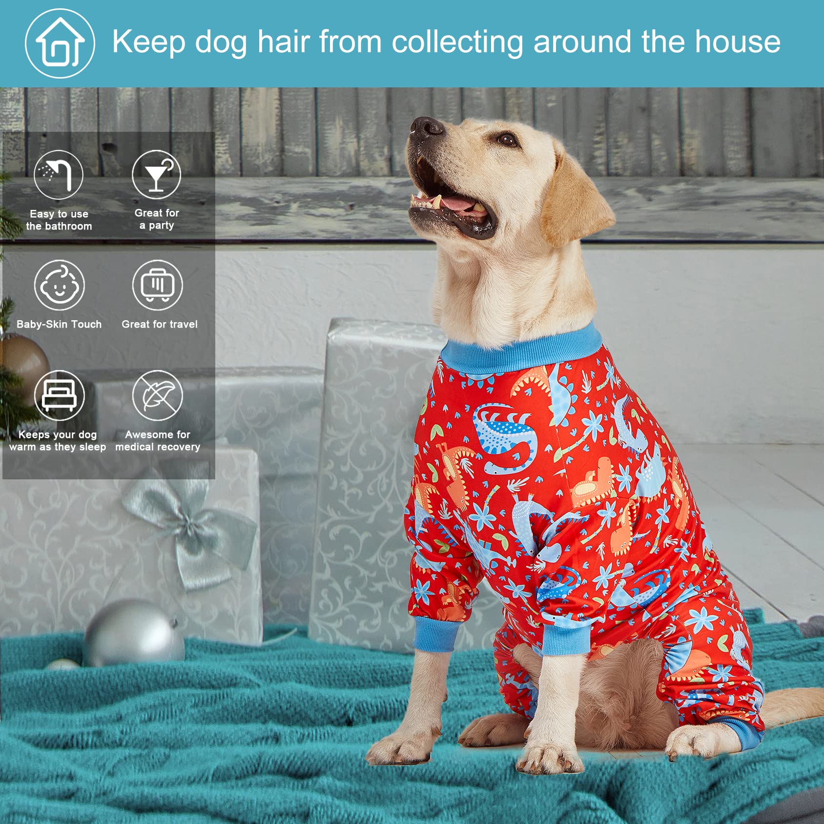 LovinPet Pitbull Dog Pajamas - Large Dog Onesies for Surgery & Wound Care, Lightweight Stretchy Knit Dinosaur Print Pajamas with UV Protection - XL Dog Costume for Anxiety Relief & Comfort | Perfect for Post-Surgery Recovery, Winter Warmth, and Pet Photo Shoots