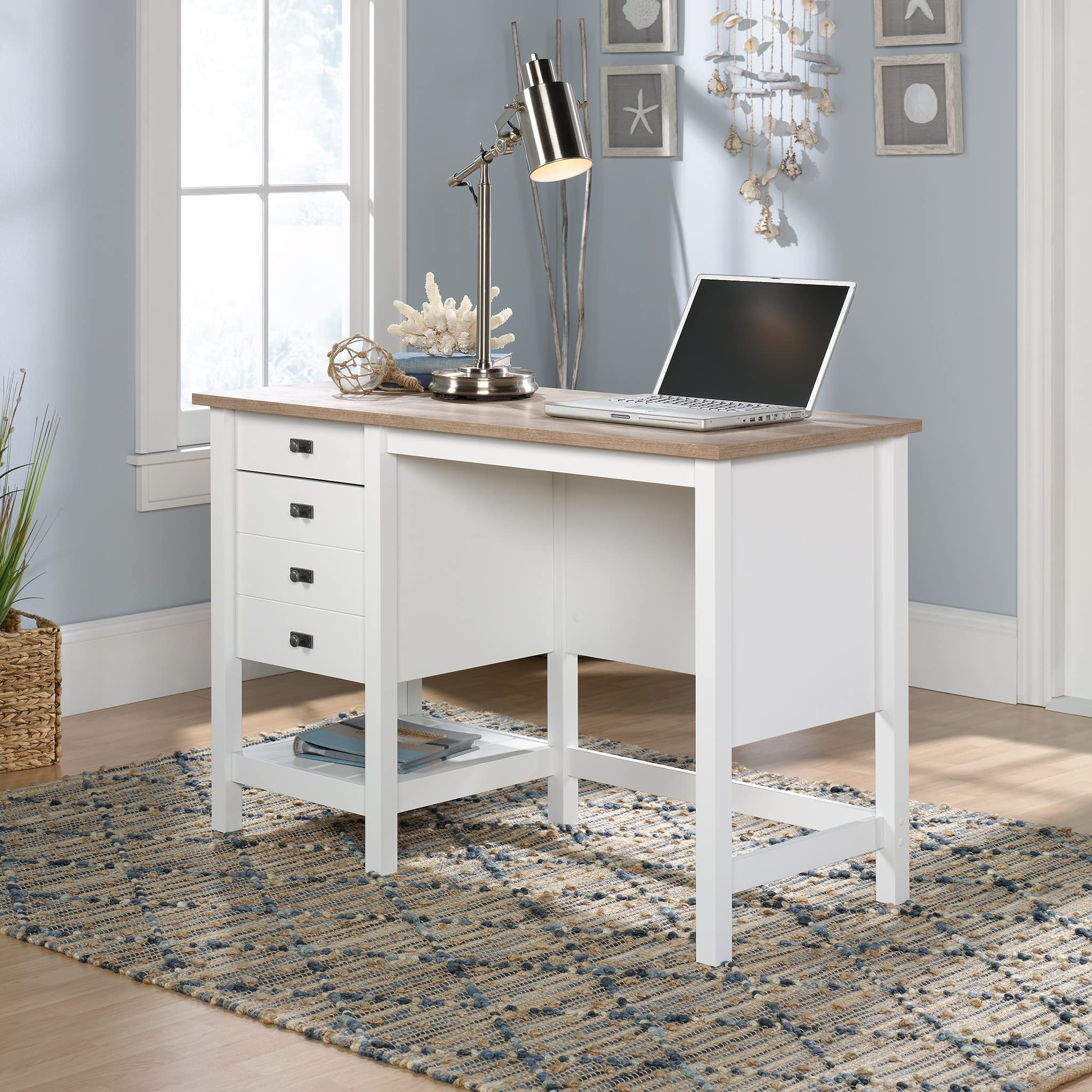 Sauder Cottage Road Coastal Single Pedestal Desk - Soft White Finish - Perfect for Home Office, Study & Small Spaces - Coastal Style Writing Desk with Storage