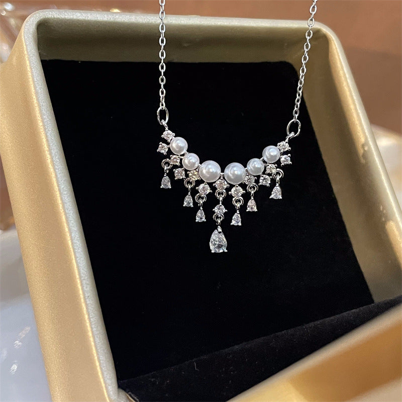 Elegant Pearl Waterfall Necklace with Sparkling Teardrop CZ Stones | R0308 | Perfect for Weddings, Parties & Special Occasions