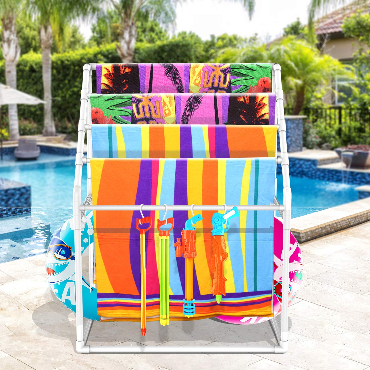 Heavy Duty Vertical Poolside Pipe Towel Rack - PVC Outdoor Towel Holder with 4 Clips & Hammer for Pool, Lake, RV, Beach, Gym, Spa, and Backyard
