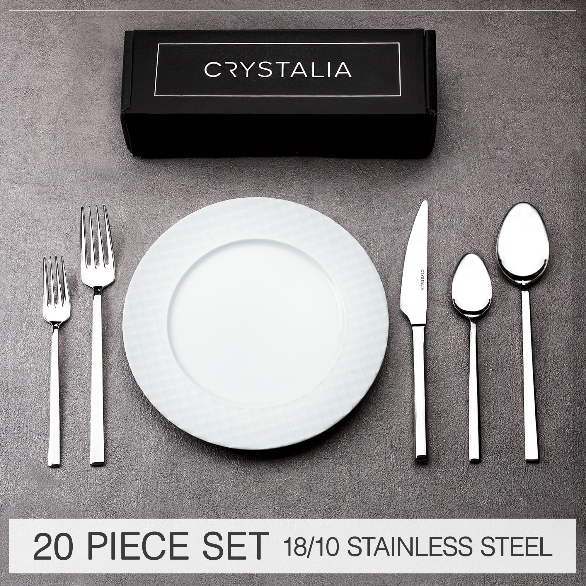 Crystalia 20-Piece Stainless Steel Silverware Set - 18/10 Flatware Cutlery Set with Forks, Spoons & Knives - Elegant Dinnerware for 4 People - Perfect for Home Dining, Restaurant Use & Kitchen Serving (Vision)