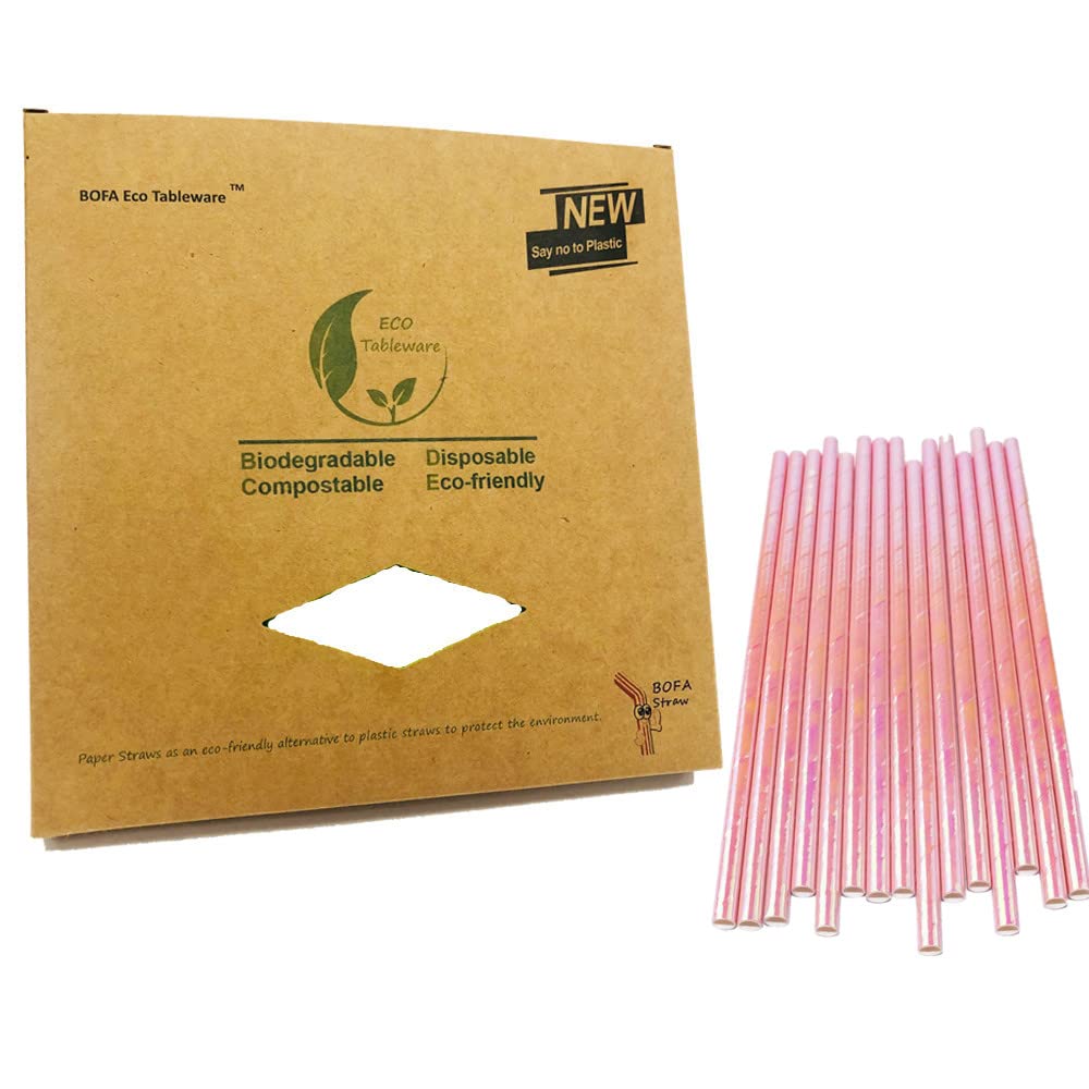 Eco-Friendly Iridescent Pink Paper Straws - Biodegradable Disposable Drinking Straws for Birthday Parties, Baby Showers, Weddings & Events (100 Count) - Perfect for Cocktails, Smoothies & Party Decorations