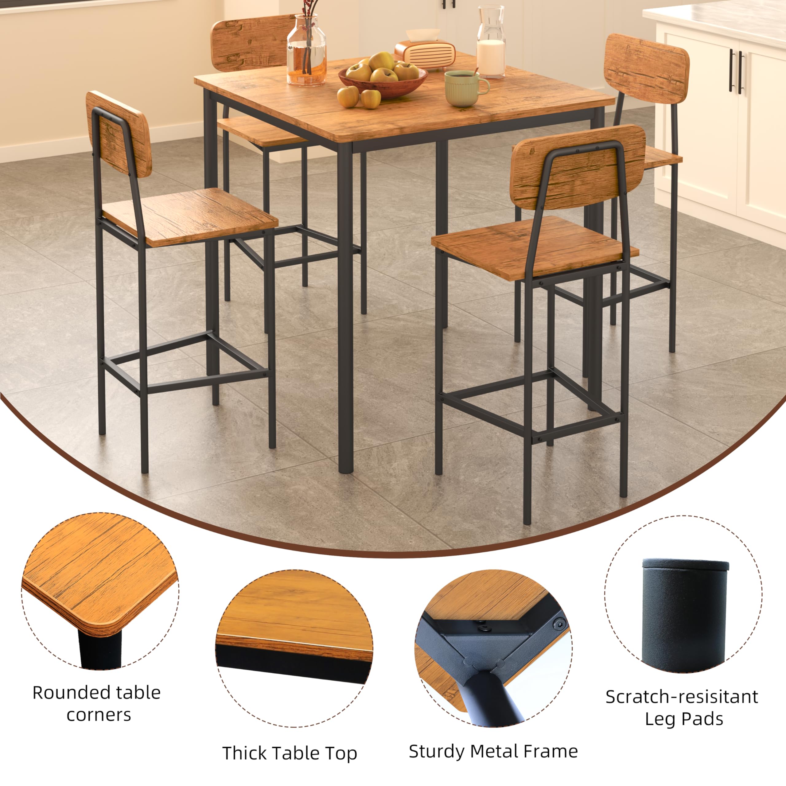 4-Piece Industrial Dining Table and Chairs Set - Space-Saving Brown Kitchen Furniture for Family Dinners & Entertaining | Perfect for Small Spaces, Apartments, and Modern Farmhouse Decor