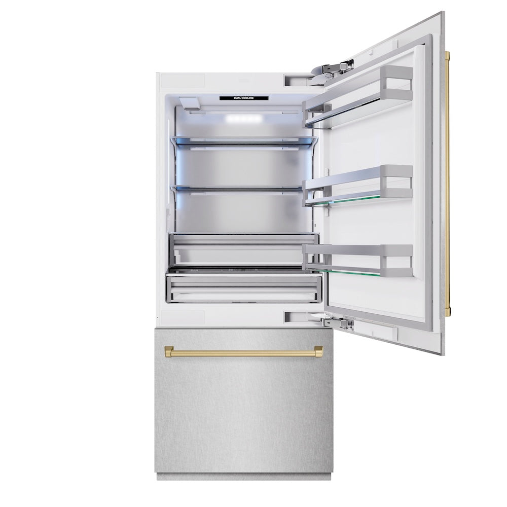 ZLINE Autograph Edition 36 Inch Built-In Bottom Freezer Refrigerator - 19.8 cu.ft Capacity with Water Dispenser & Ice Maker - Satin Stainless Steel with Champagne Bronze Accents (RBITZ SN 36 CB) - Perfect for Modern Kitchens, Open-Concept Homes & Luxury Appliances Collection
