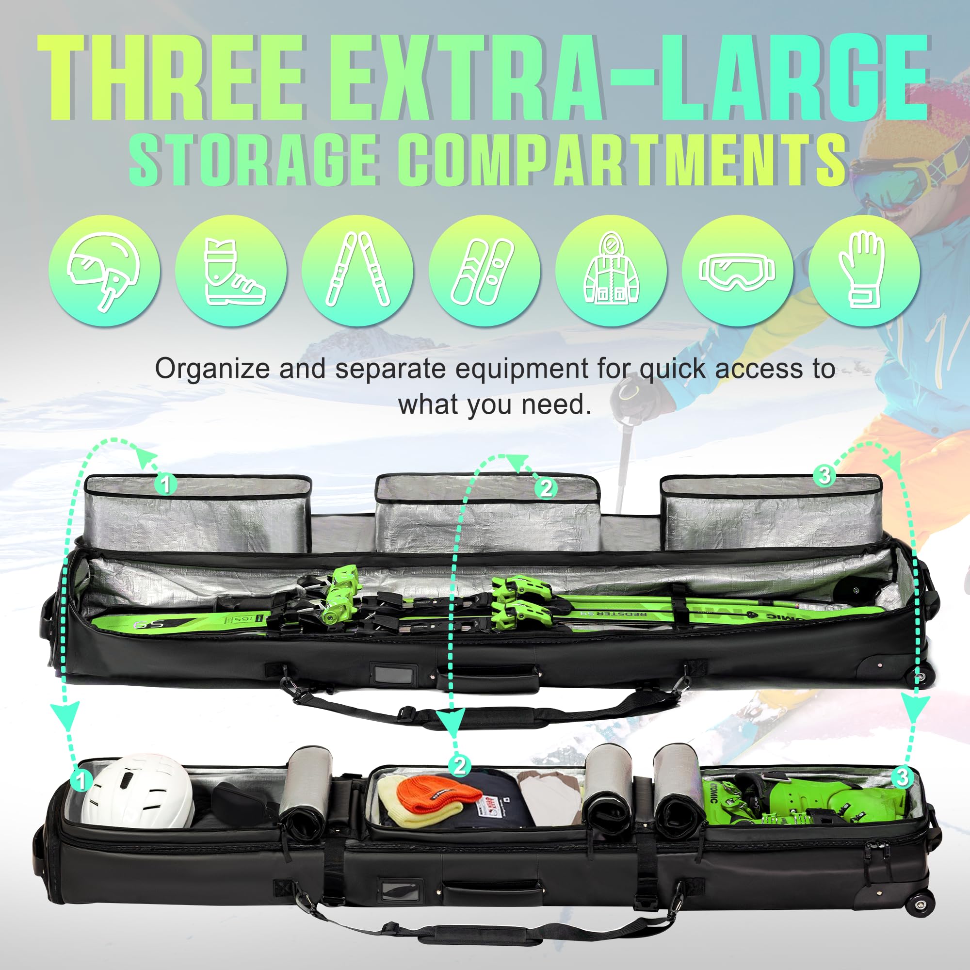 **Waterproof Double Rolling Ski Bag with Padded Wheels - Travel-Friendly Snowboard & Ski Carrier for Air Travel - Fits Ski Boots (Perfect for Winter Vacations & Mountain Resorts)**