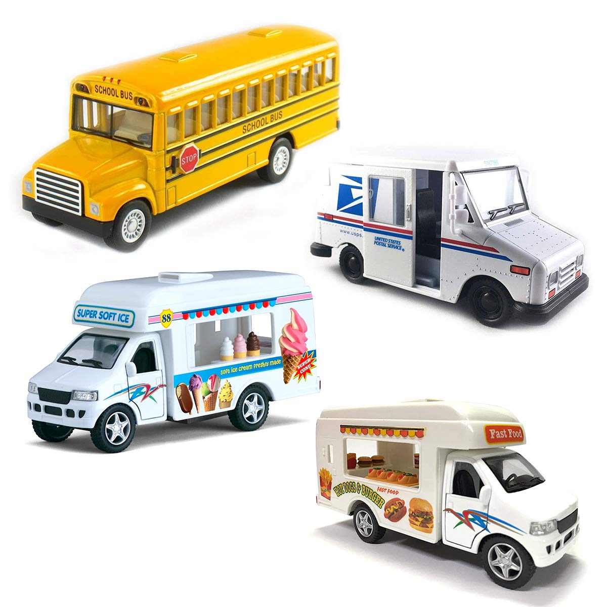 4-Piece Diecast Toy Trucks Gift Set - Ice Cream Truck, Food Truck, School Bus & Mail Truck with Pullback Action & Detailed Interior - Fun Pretend Play Vehicles for Kids, Boys & Girls - Perfect for Birthday Gifts, Classroom Rewards & Imaginative Playtime