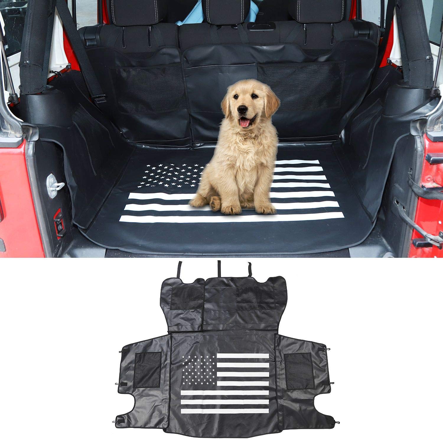 **Waterproof Jeep Wrangler JK JKU (2007-2018) Dog Car Seat Cover & Cargo Liner – Durable Pet Trunk Mat with US Flag Design, Multipurpose Storage Case – Perfect for Road Trips, Camping & Outdoor Adventures**