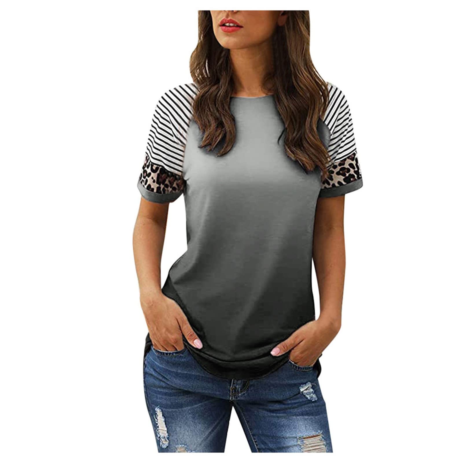 Women's Leopard Print Striped Tunic Top - Gradient Color Block Blouse for Leggings | Trendy Casual Basic Tee Shirt | Comfortable Everyday Wear for Work, Weekend & Date Night