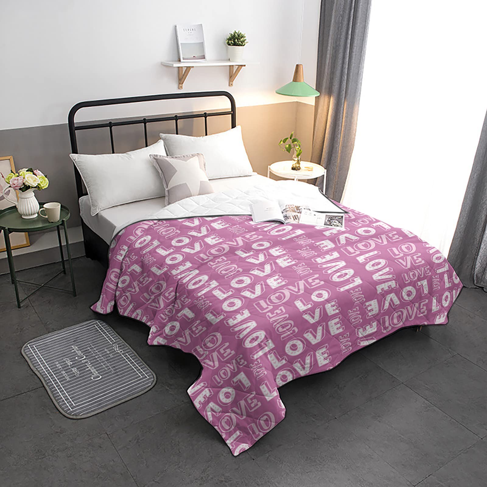 HELLOWINK Queen Size Cooling Comforter - Soft & Lightweight Quilted Duvet, All Season Down Alternative, Cool Love Pink | Perfect for Hot Sleepers, Bedroom Decor & Guest Room Essentials