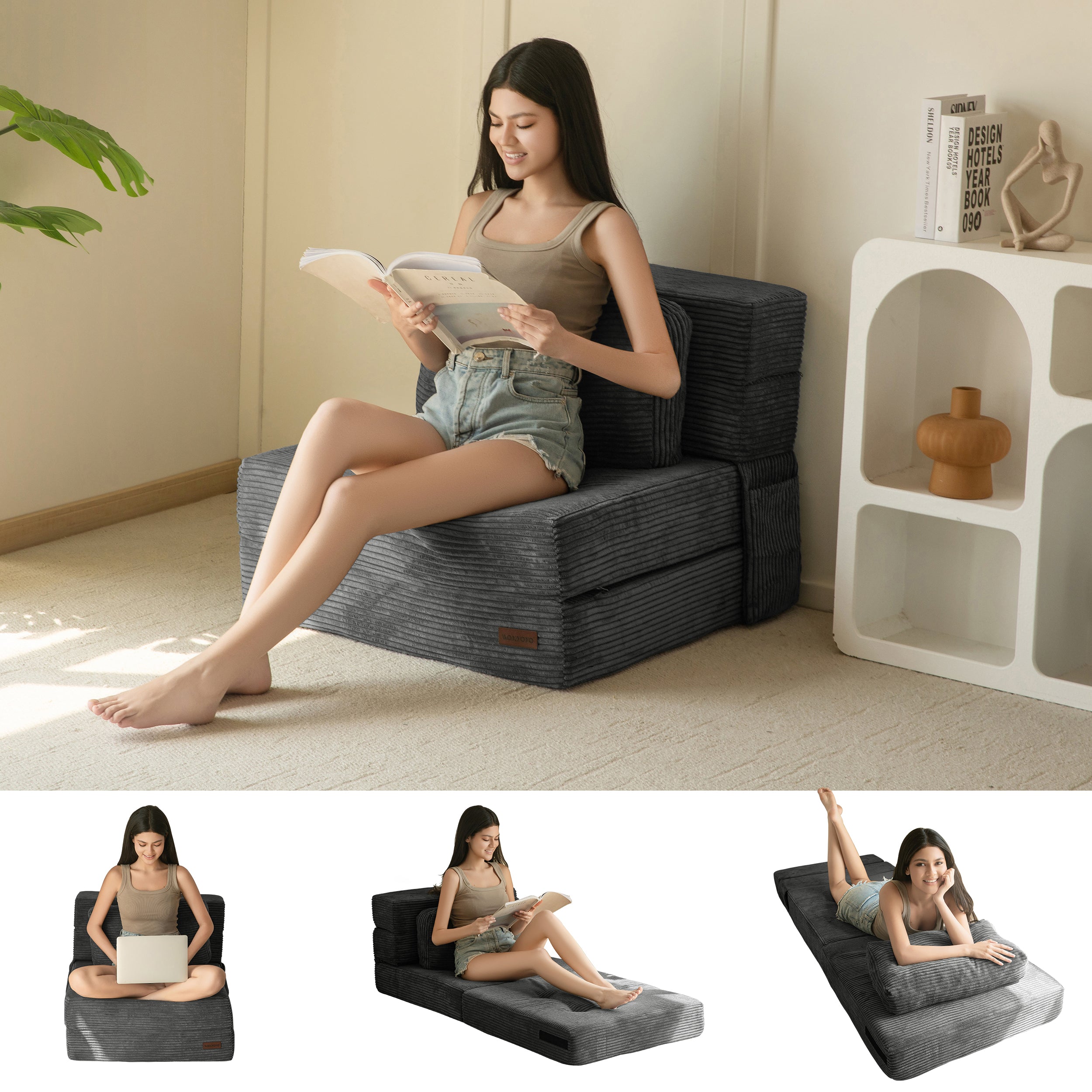 MAXYOYO 3-in-1 Convertible Sofa Bed - Foldable Single Sleeper Sofa with Pillow, Foam Floor Couch & Lazy Chair for Living Room, Bedroom or Guest Room (Dark Grey) | Perfect for Small Spaces, Overnight Guests & Cozy Lounging
