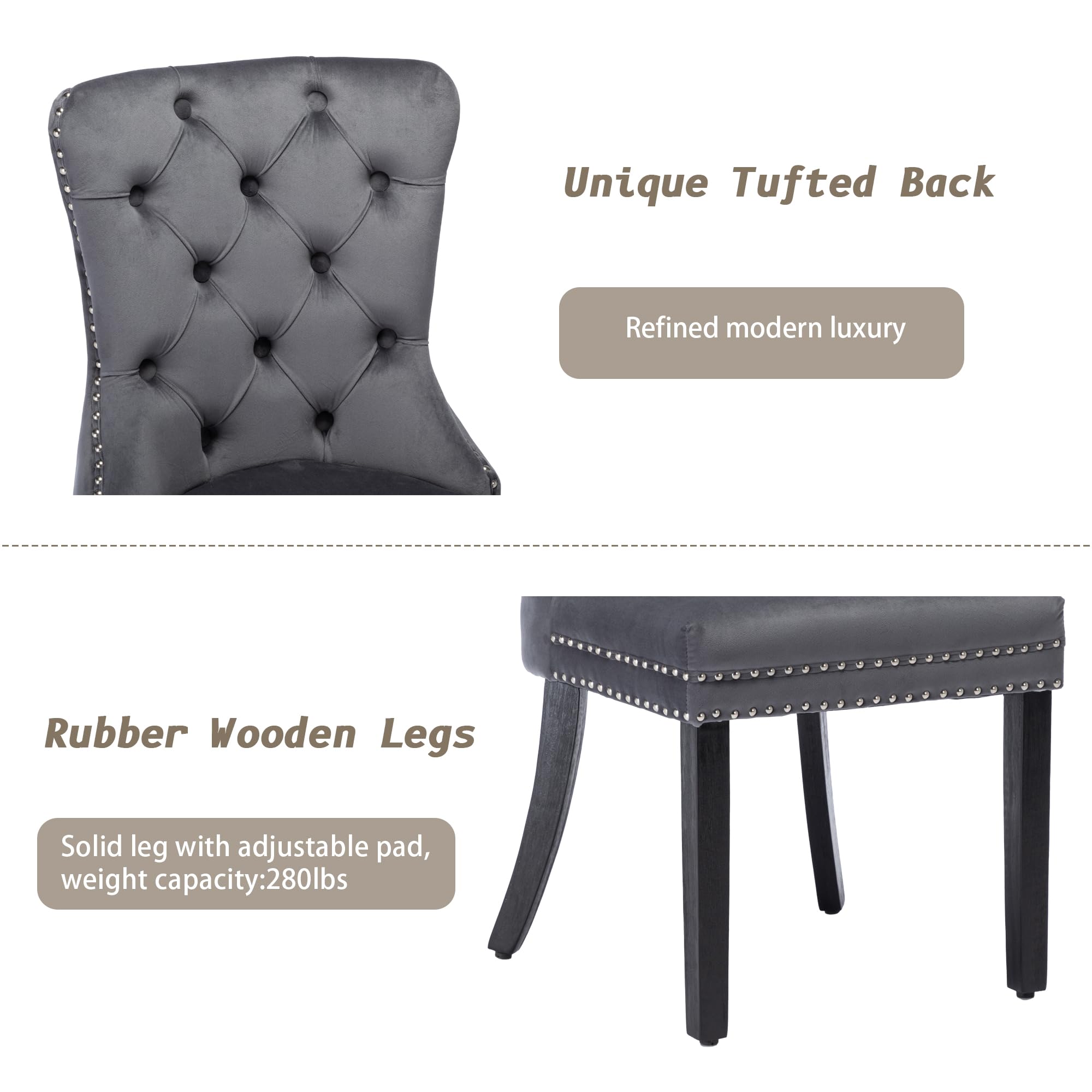 Luxury Velvet Dining Chairs Set of 2 - Modern Upholstered Tufted Kitchen Chairs with Nailhead Trim & Solid Wood Legs, Grey Nikki Collection for Dining Room, Restaurant or Home Decor