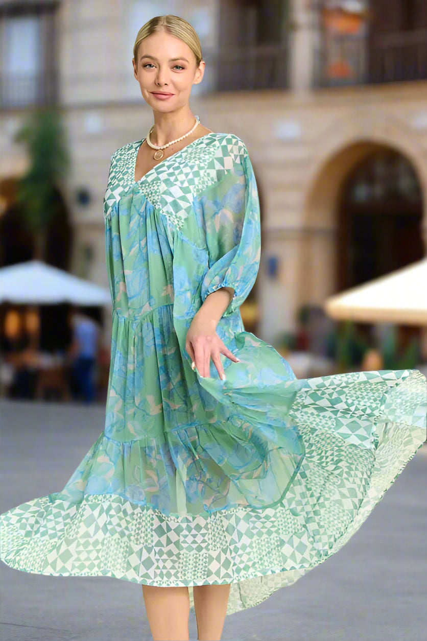 Floral Print Mixed Mint Green Tiered Midi Dress for Women - Summer Casual Boho Chic Dress for Beach, Party & Vacation