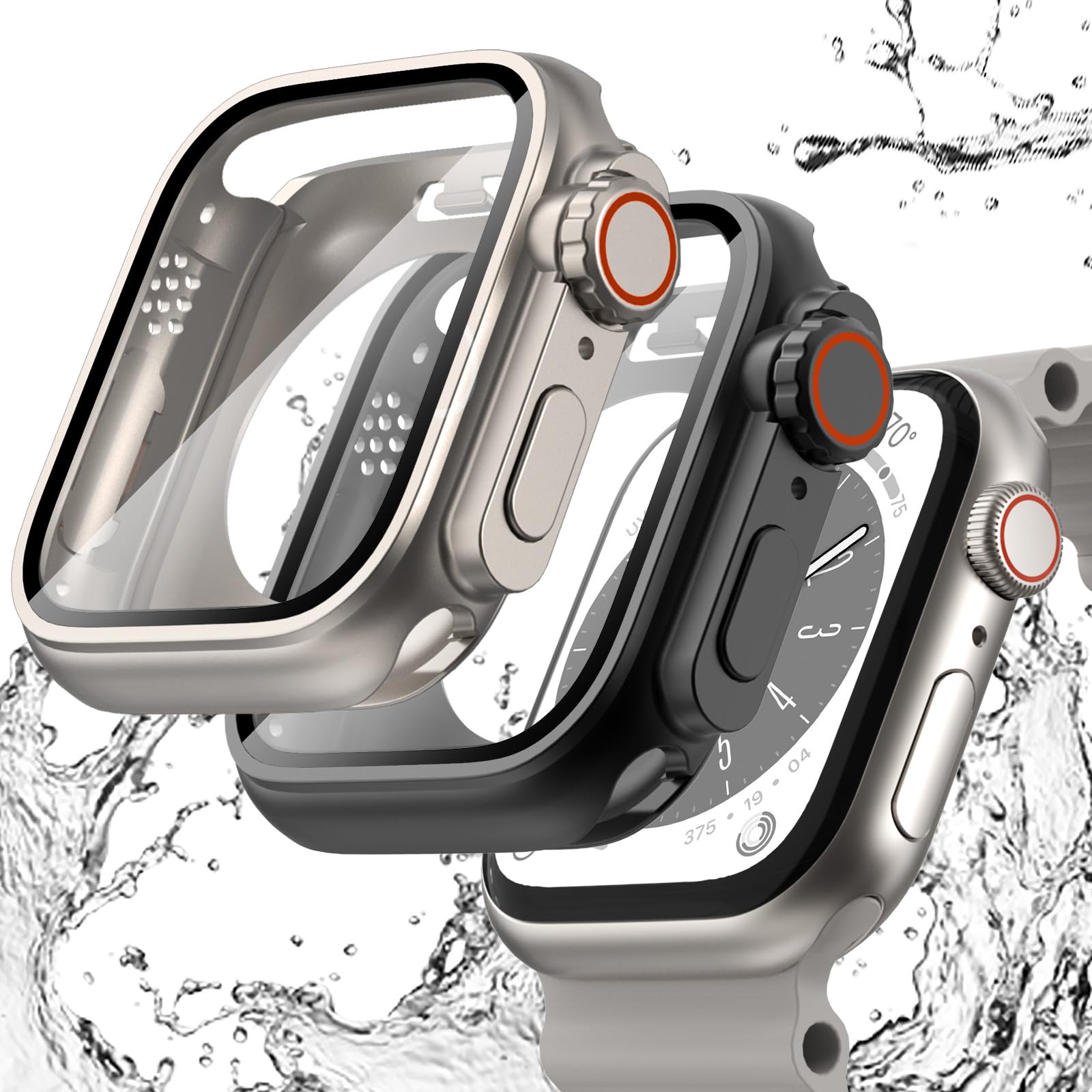 WINGLE 2 in 1 Waterproof Case for Apple Watch Series 9/8/7 45mm with Tempered Glass Screen Protector - Shockproof iWatch Cover + Back Bumper (Titanium Black) - Perfect for Swimming, Running & Outdoor Sports