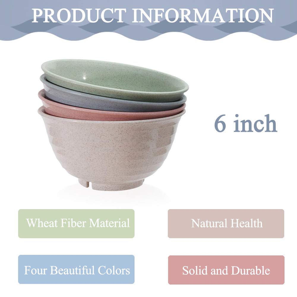 4-Pack 6-Inch (24 OZ) Eco-Friendly Wheat Straw Bowls - Unbreakable, Non-Toxic, Microwave & Dishwasher Safe - Healthy Tableware for Kids & Adults - Perfect for Cereal, Soup, Rice, Snacks & Fruit - Ideal for Home, Office, Picnics & Camping