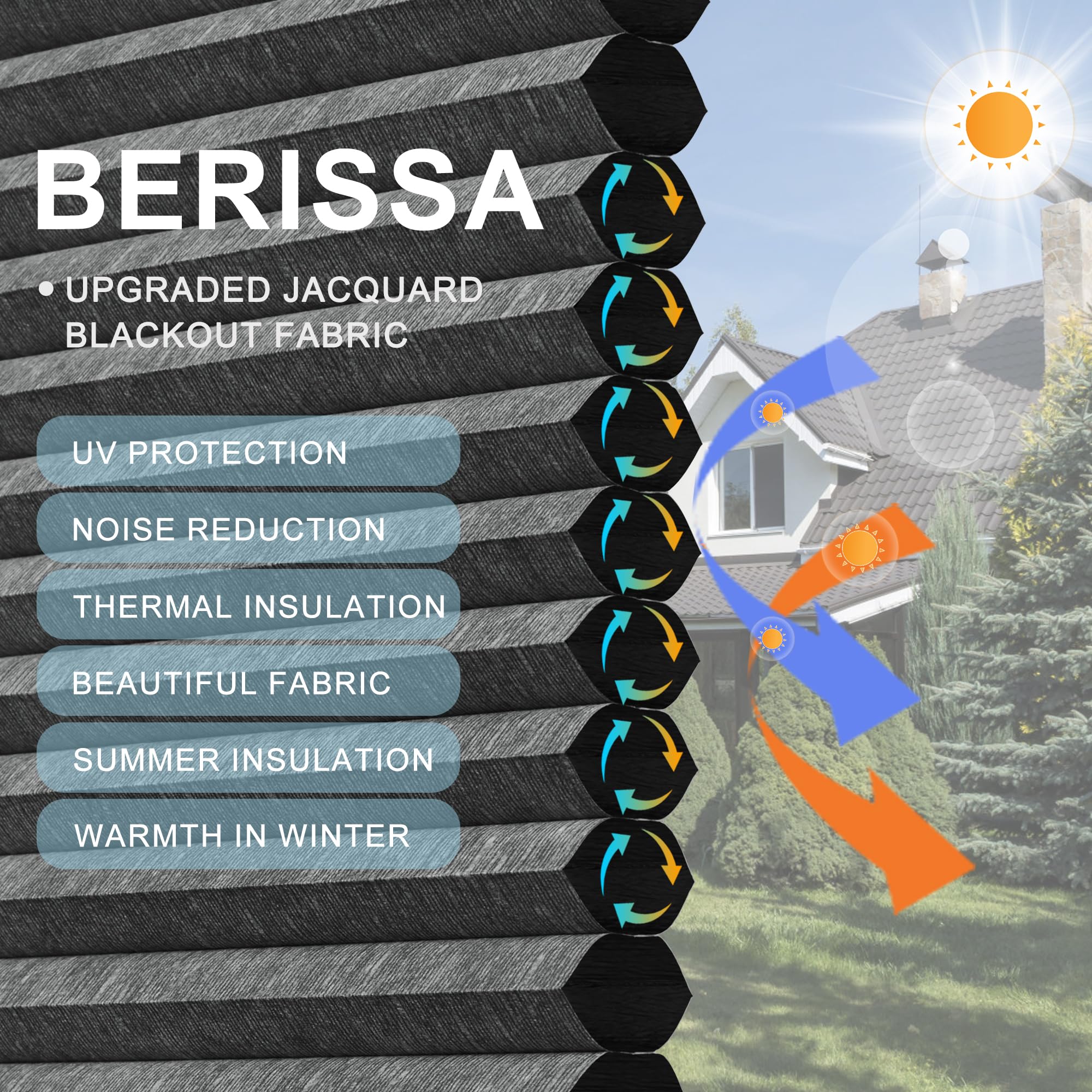 BERISSA Cordless Cellular Shades - No Drill No Tools Required, Blackout Jacquard Fabric Honeycomb Blinds for Windows, 16