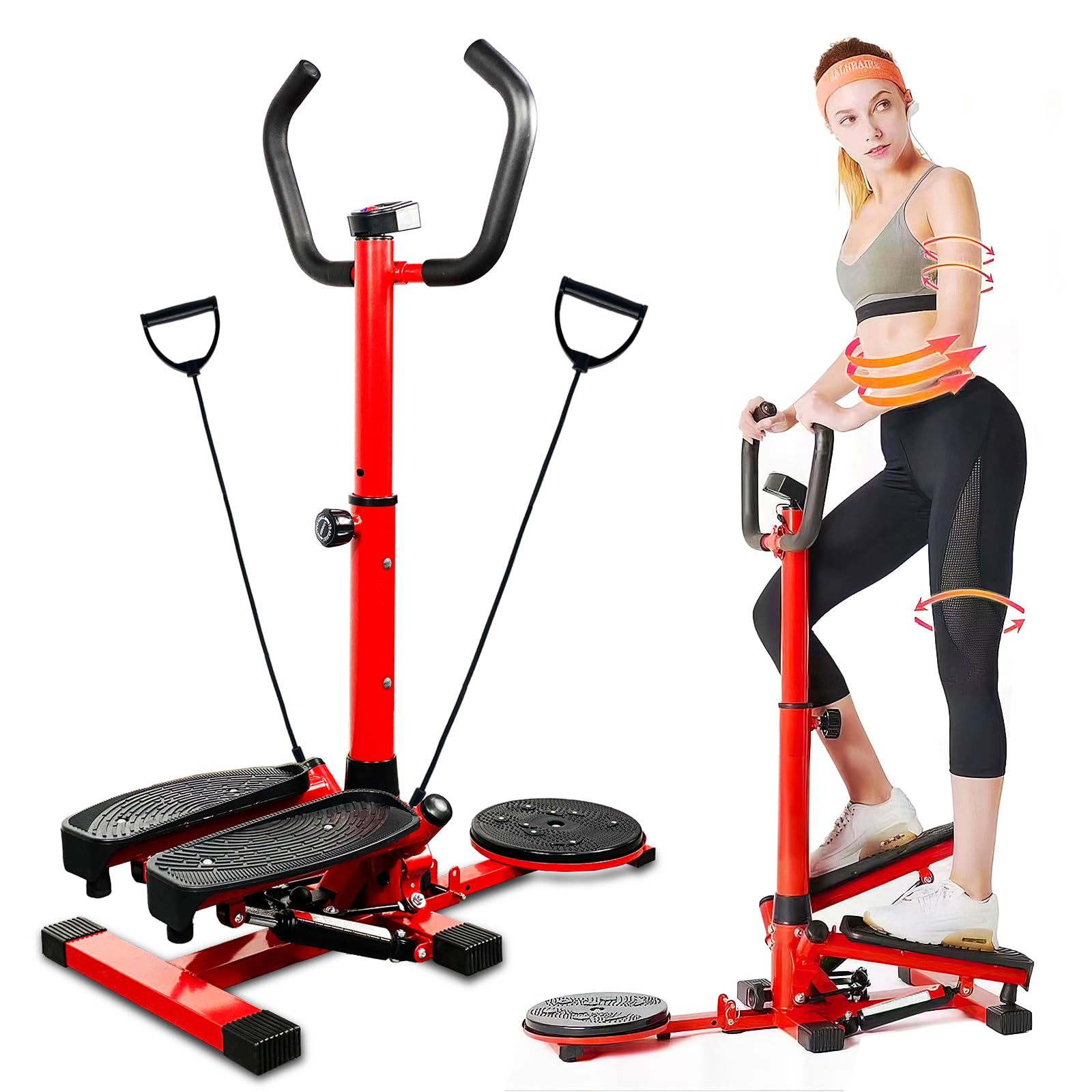 Mini Stepper with Handlebar & Resistance Bands - 330lbs Capacity Twist Stepper Machine for Home Cardio, Full-Body Workout & Fitness - Perfect for Small Spaces, Office Exercise & Weight Loss (Red)