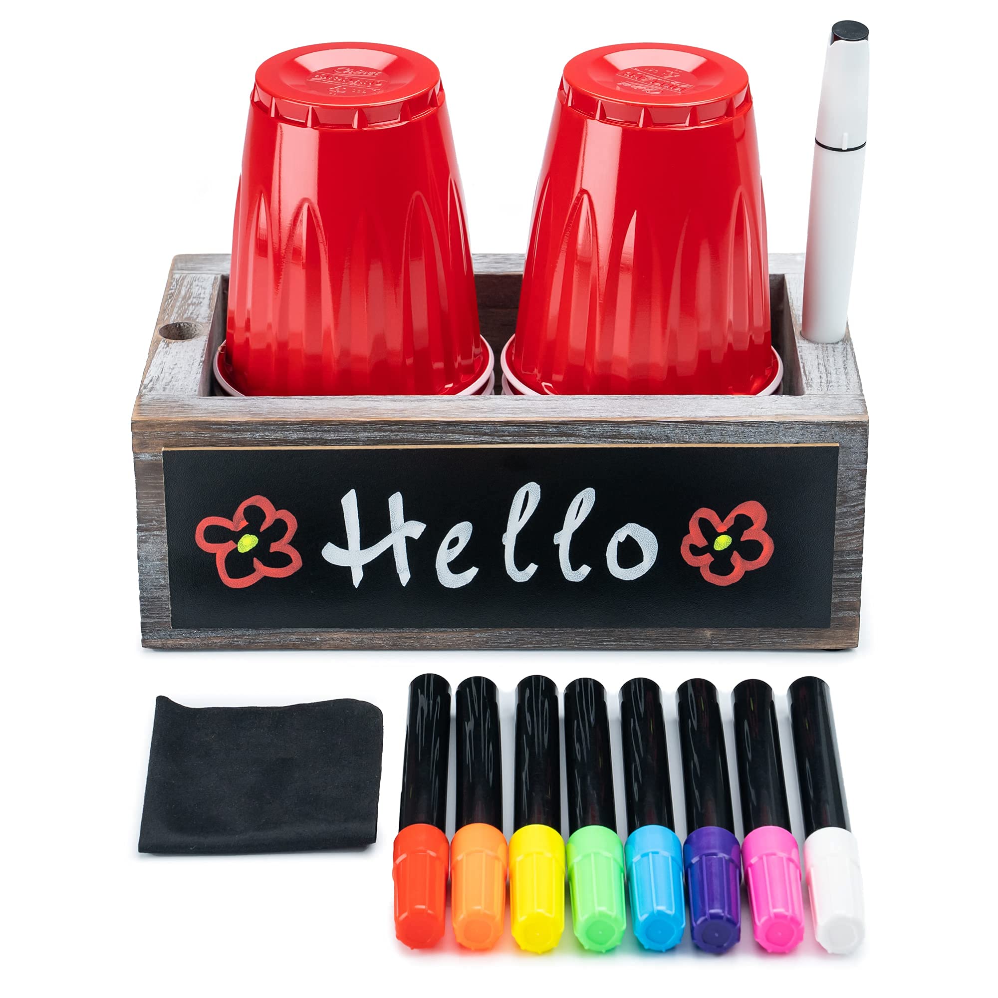 Double Cup Holder with Marker Slot & Chalkboard - Includes 8 Chalk Markers & Drink Labels - Plastic Organizer for Bathroom Cups, Red Party Cups & Disposable Drinkware - Perfect for Home, Office & Party Events