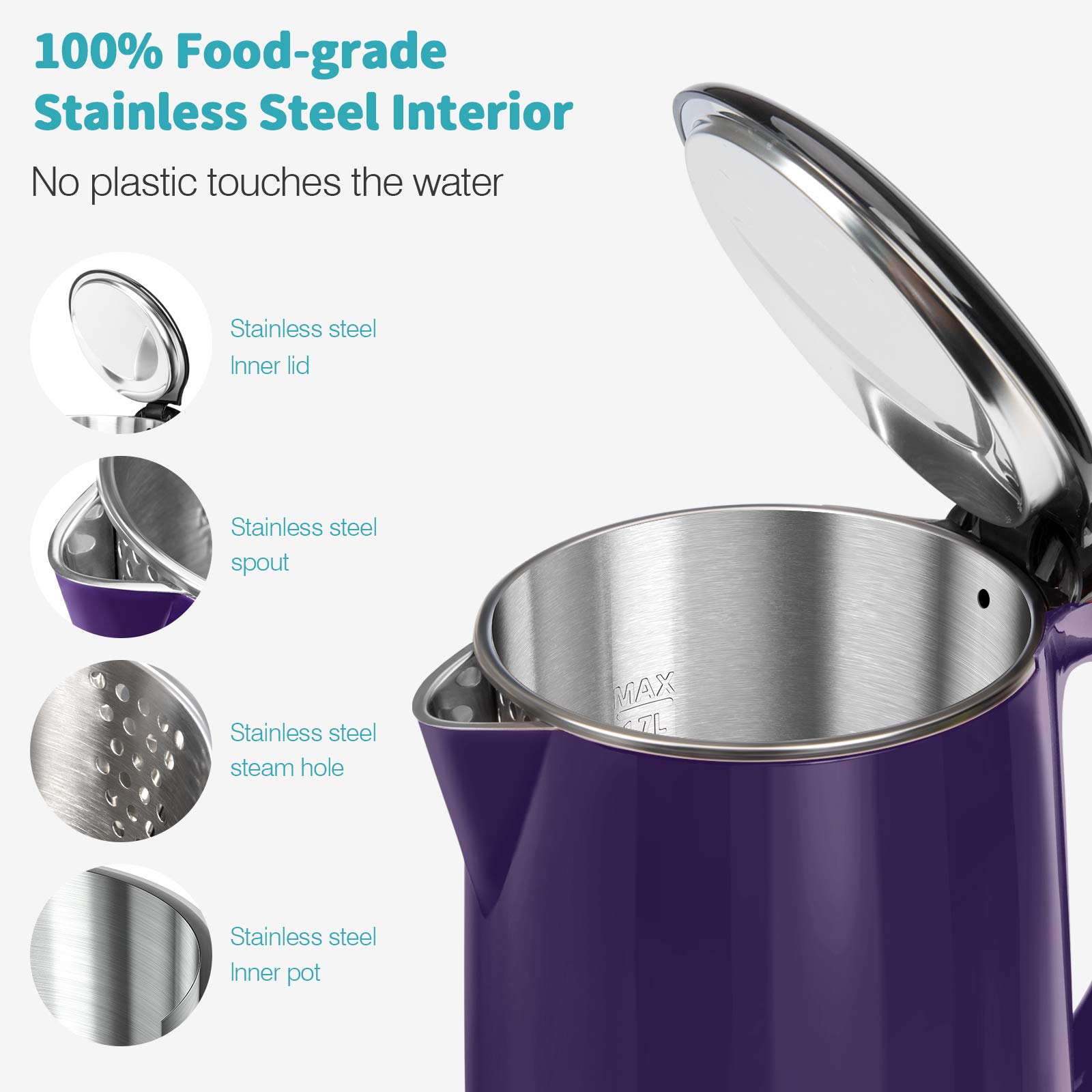 Secura 1.8 Quart Stainless Steel Electric Kettle with Auto Shut Off & Boil Dry Protection - Fast Heating, Quiet Operation for Coffee, Tea & Hot Beverages - Perfect for Home, Office & Dorm Use (Dark Purple)
