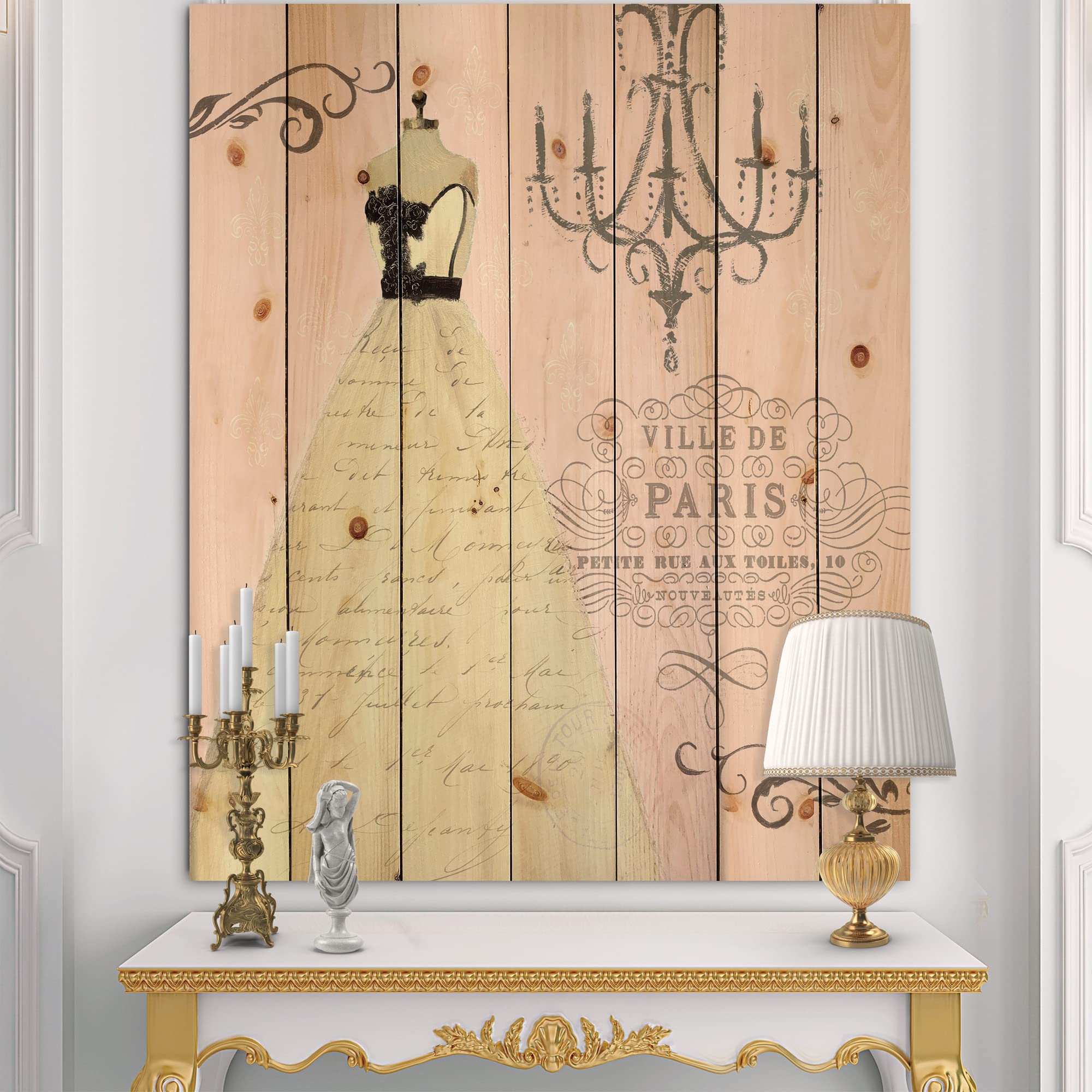 DesignQ French Chandeliers Couture II Traditional Wood Wall Decor - Pink Wood Wall Art, Large Fashion Wood Panels Printed on Natural Pine - Perfect for Living Room, Bedroom & Dining Room Décor